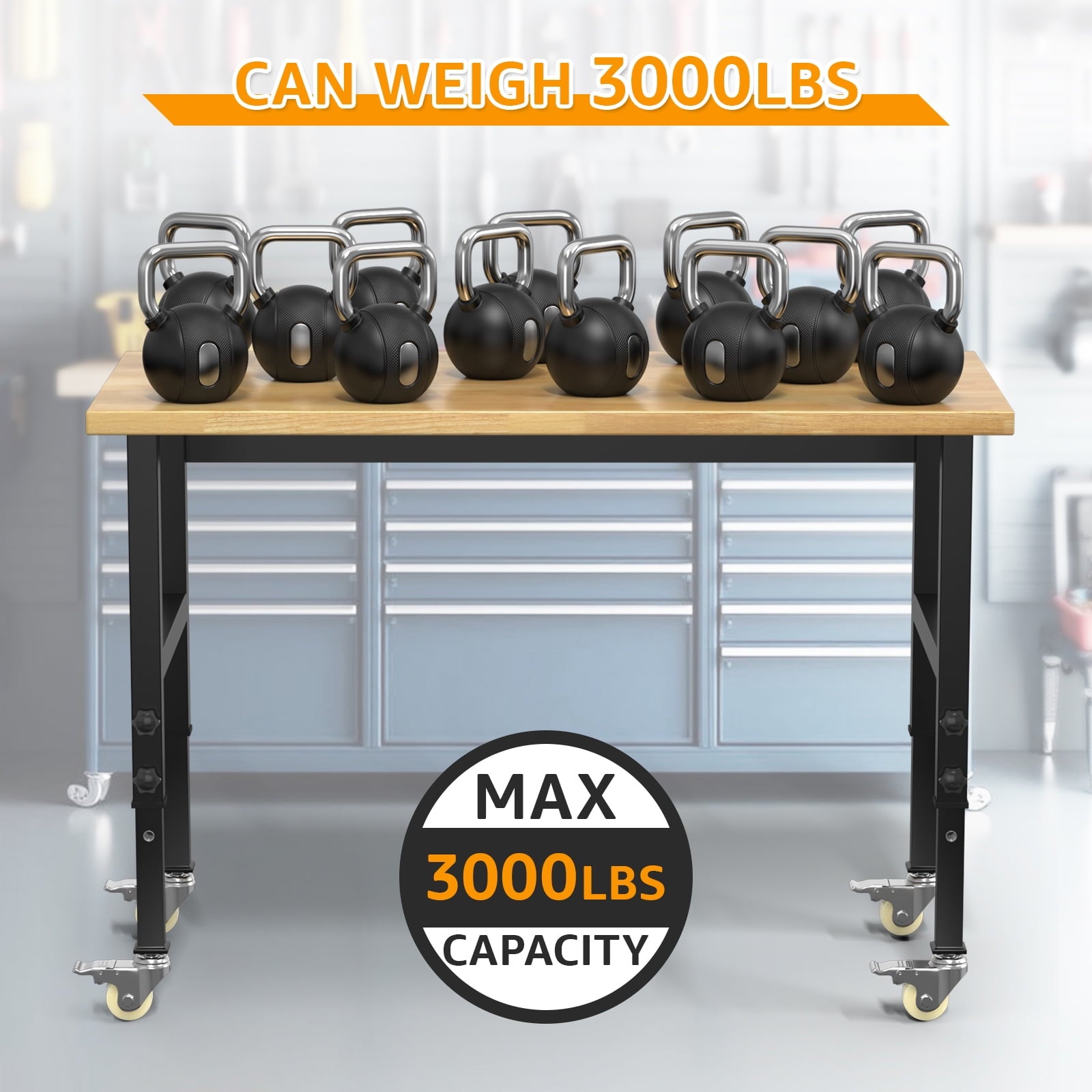 60 Adjustable Workbench,Heavy-Duty Work Table,3000 LBS Load Capacity Hardwood Workstation Outlets with Power strips and Wheels,for Workshop, Garage