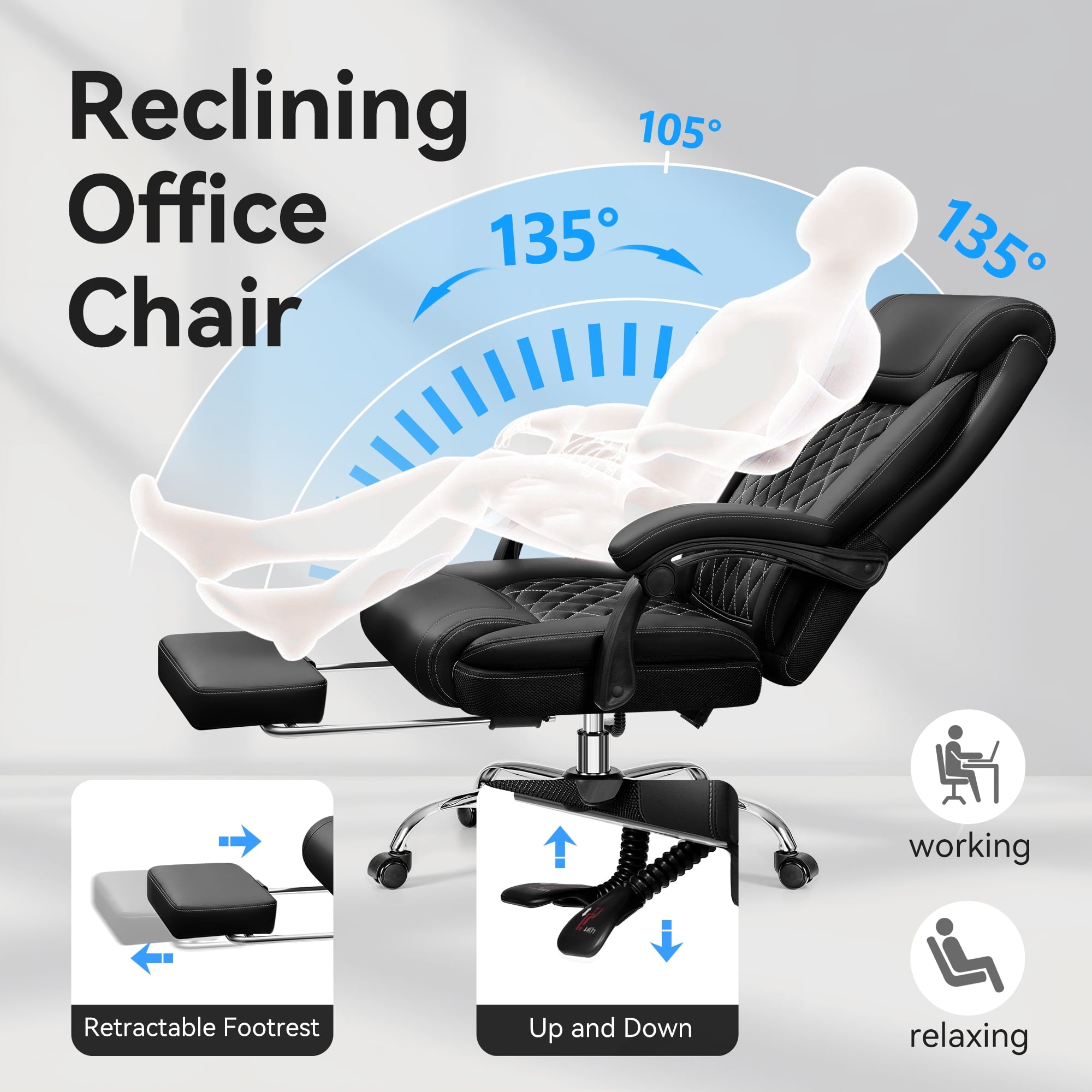 FASTES Ergonomic Office Chair, Big and Tall Leather Desk Chair with Footrest and Lumbar Support, 2-Position Reclining Executive Computer Chair, Black