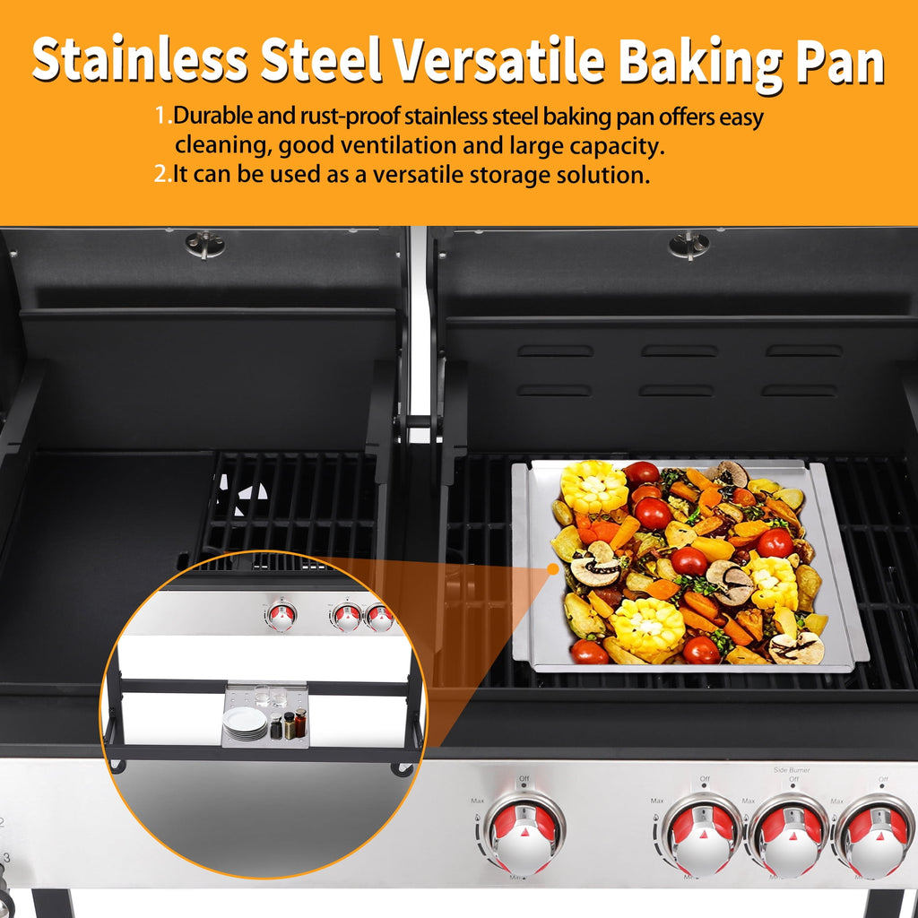 3 Burner Gas & Charcoal Combo Grill with Side Burner, Outdoor BBQ Propane Grill, 673 Sq. In. Cast Iron Grates & Reversible Griddle, 37200 BTU Stainless Steel Lid for Backyard Cooking
