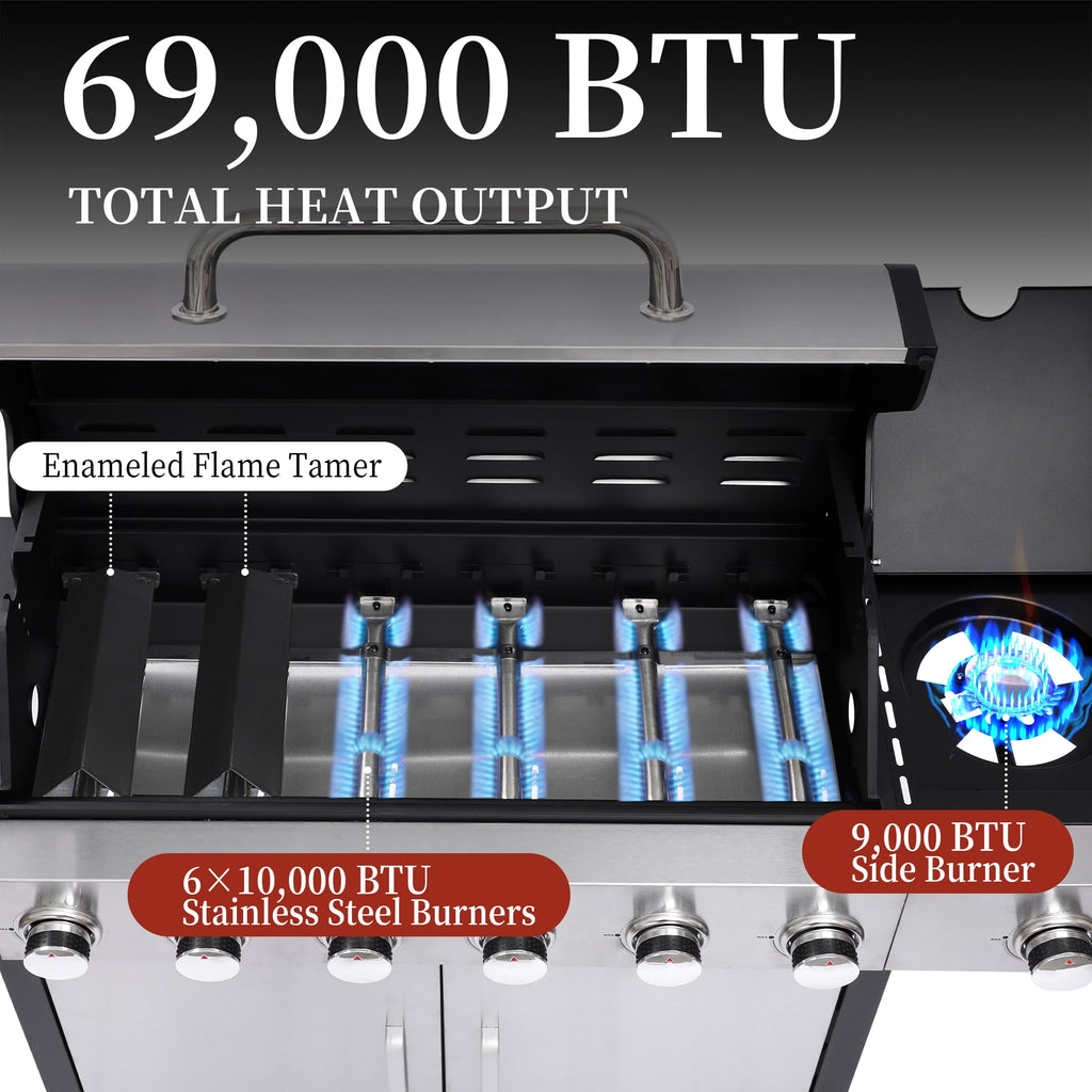CIG GARDEN 6-Burner Propane Gas Grill with Side Burner,73000 BTU Output Double-Layer Stainless Steel BBQ Grill Lid with Cast Iron Grates