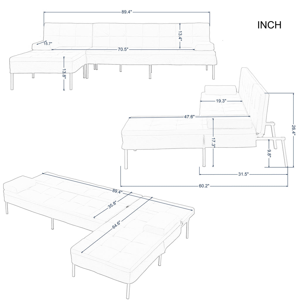 Gewnee 89.4”Convertible Sectional Sofa,L-Shaped Couch with Reversible Chaise,5-Position Adjustable Backrest,Modern Futon Sleeper for Small Spaces Living Room Apartment Office,Black Iron Frame