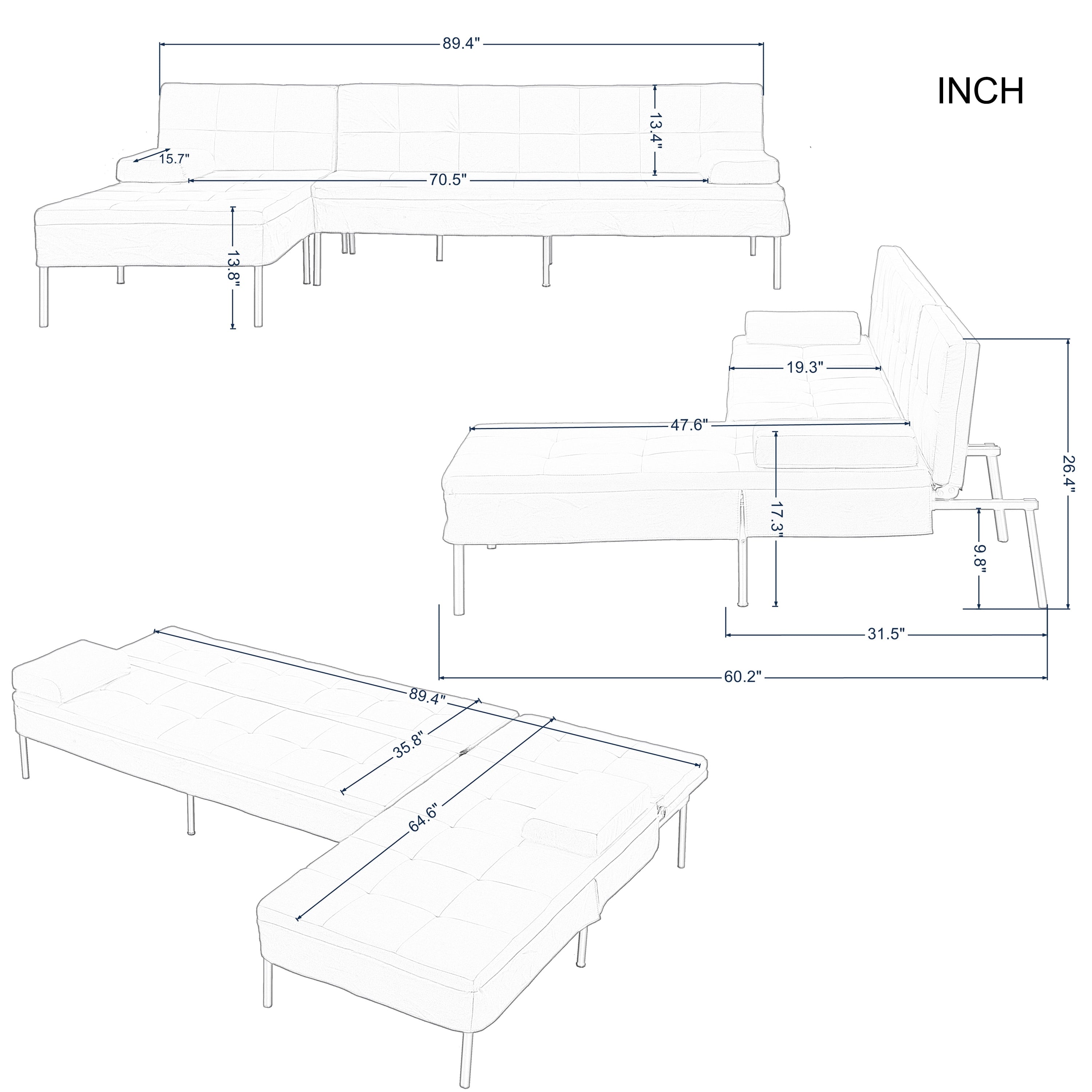 Gewnee 89.4”Convertible Sectional Sofa,L-Shaped Couch with Reversible Chaise,5-Position Adjustable Backrest,Modern Futon Sleeper for Small Spaces Living Room Apartment Office,Black Iron Frame