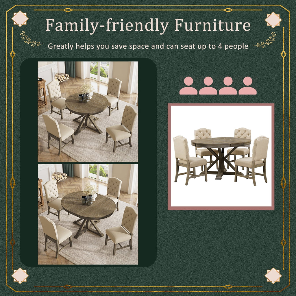 Harper & Bright Designs Extendable Dining Table Set for 4 Upholstered Chairs Functional Retro Style Table for Dining Room Kitchen, Natural Wood Wash