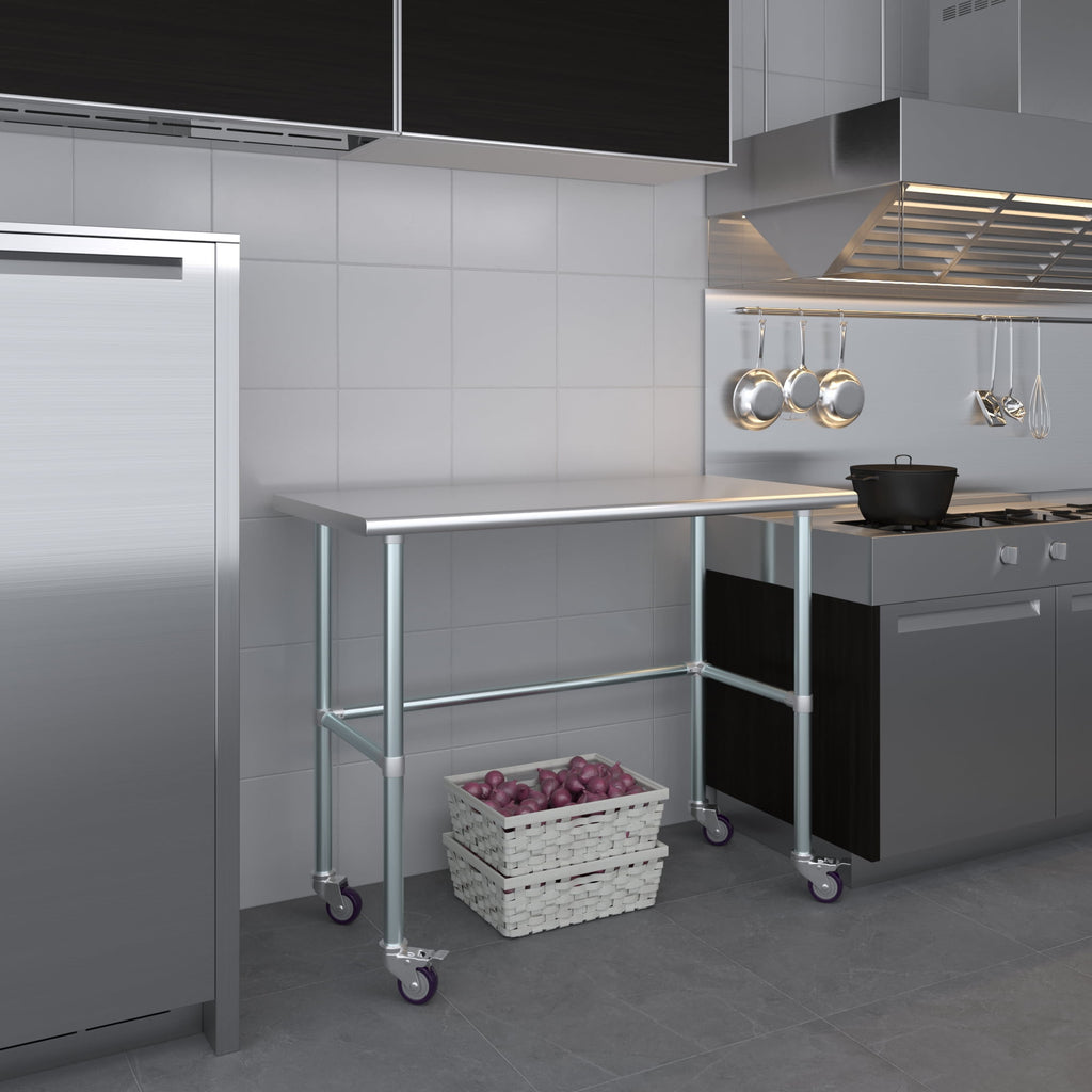 AmGood 36 Long x 30 Deep Stainless-Steel Work Table with Open Base and Wheels, Mobile Metal Table