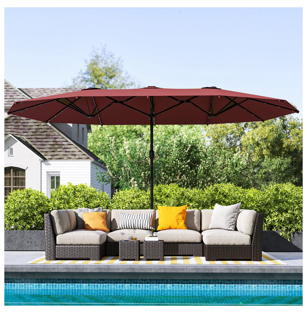 Garden Parasol 14.4ft Double Canopy, Solar LED Patio Umbrella with Base, Wine Red, Outdoor Sun Shade with Crank, Large Steel Frame for Garden, Deck, Backyard