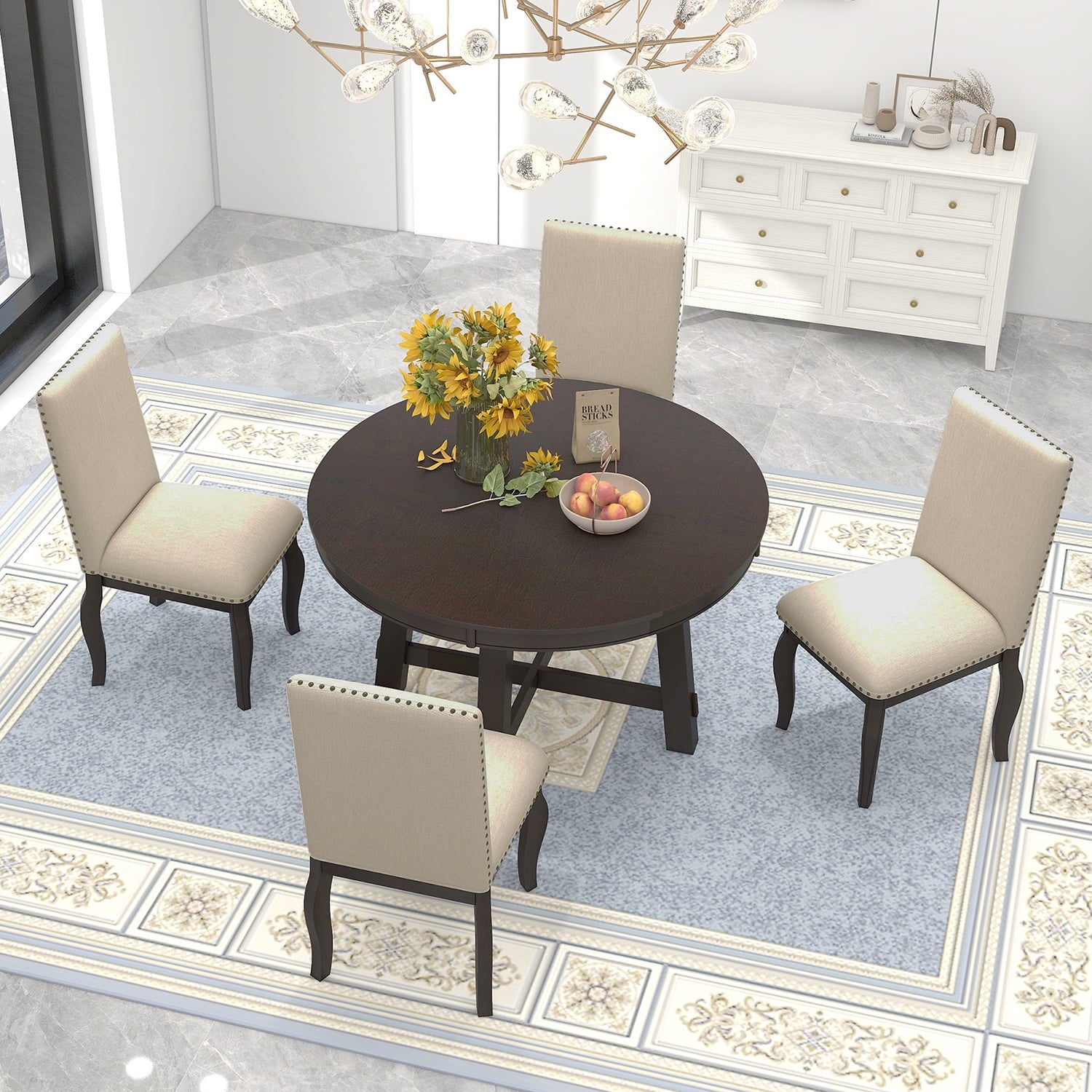 Harper & Bright Designs Extendable Dining Table Set for 4 Upholstered Chairs Functional Retro Style Table for Dining Room Kitchen, Natural Wood Wash
