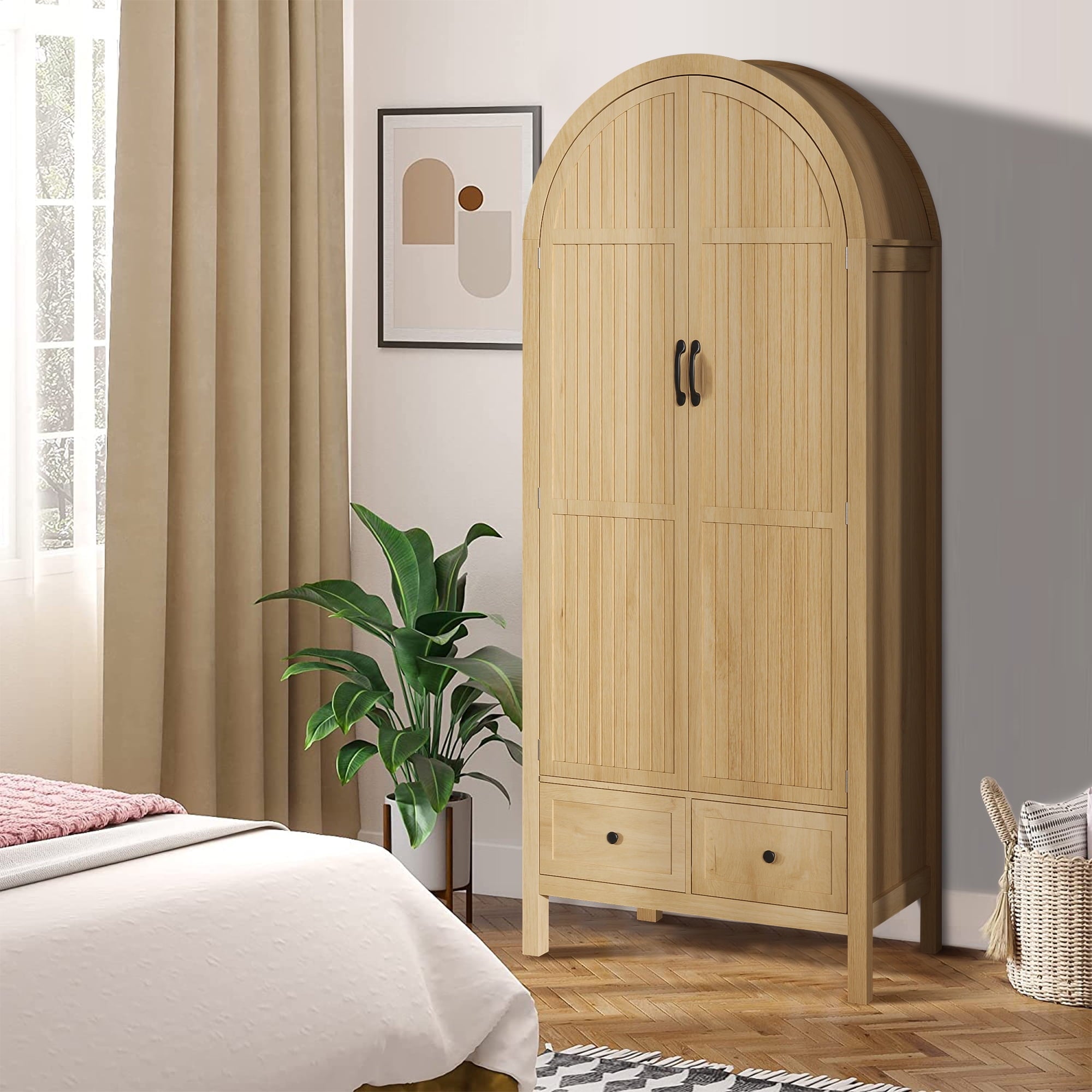 Armoire Wardrobe Closet, Wardrobe Cabinet with Drawers and Hanging Rod, Wooden Armoire Closet for Bedroom, Walnut