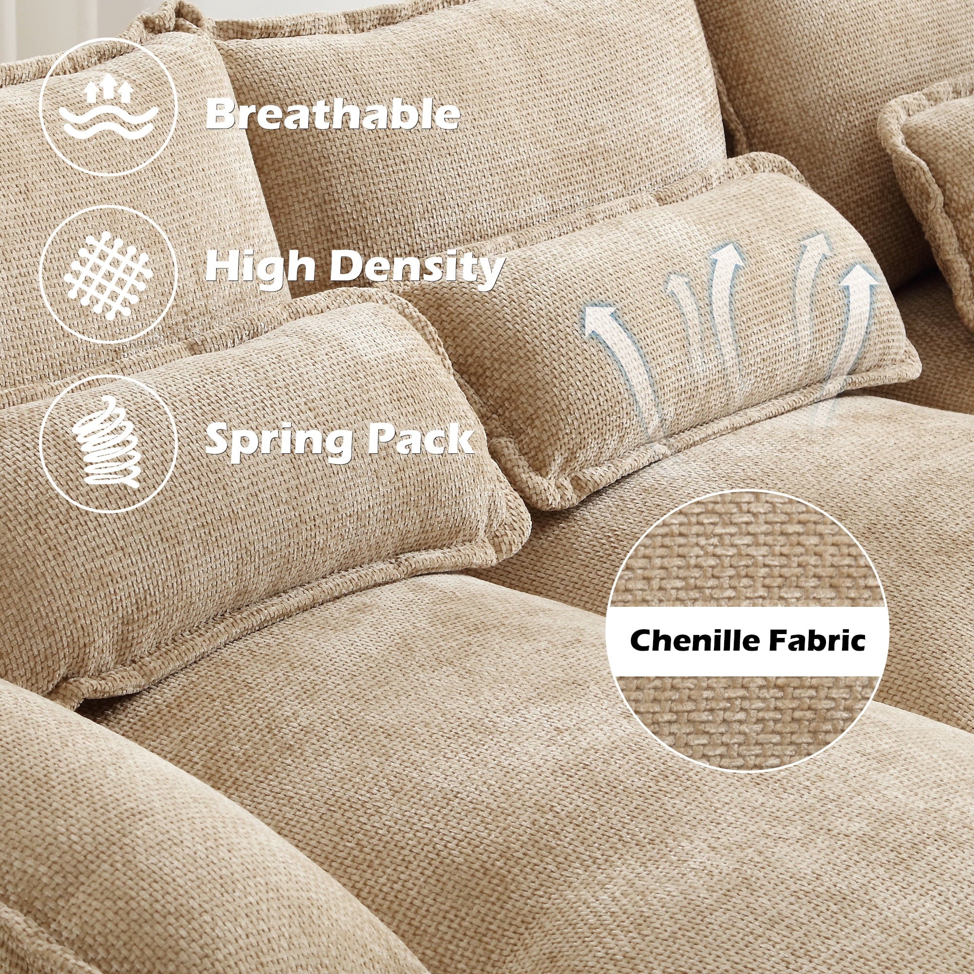 JONPONY109.45 U Shaped Couch,Oversized 4 Seat Sectional with 4 Waist Pillows, Convertible Upholstery Symmetrical Sofá,Sleeper Sofa Couch with Double Chaise Lounge &Memory Foam for Living Room, Beige