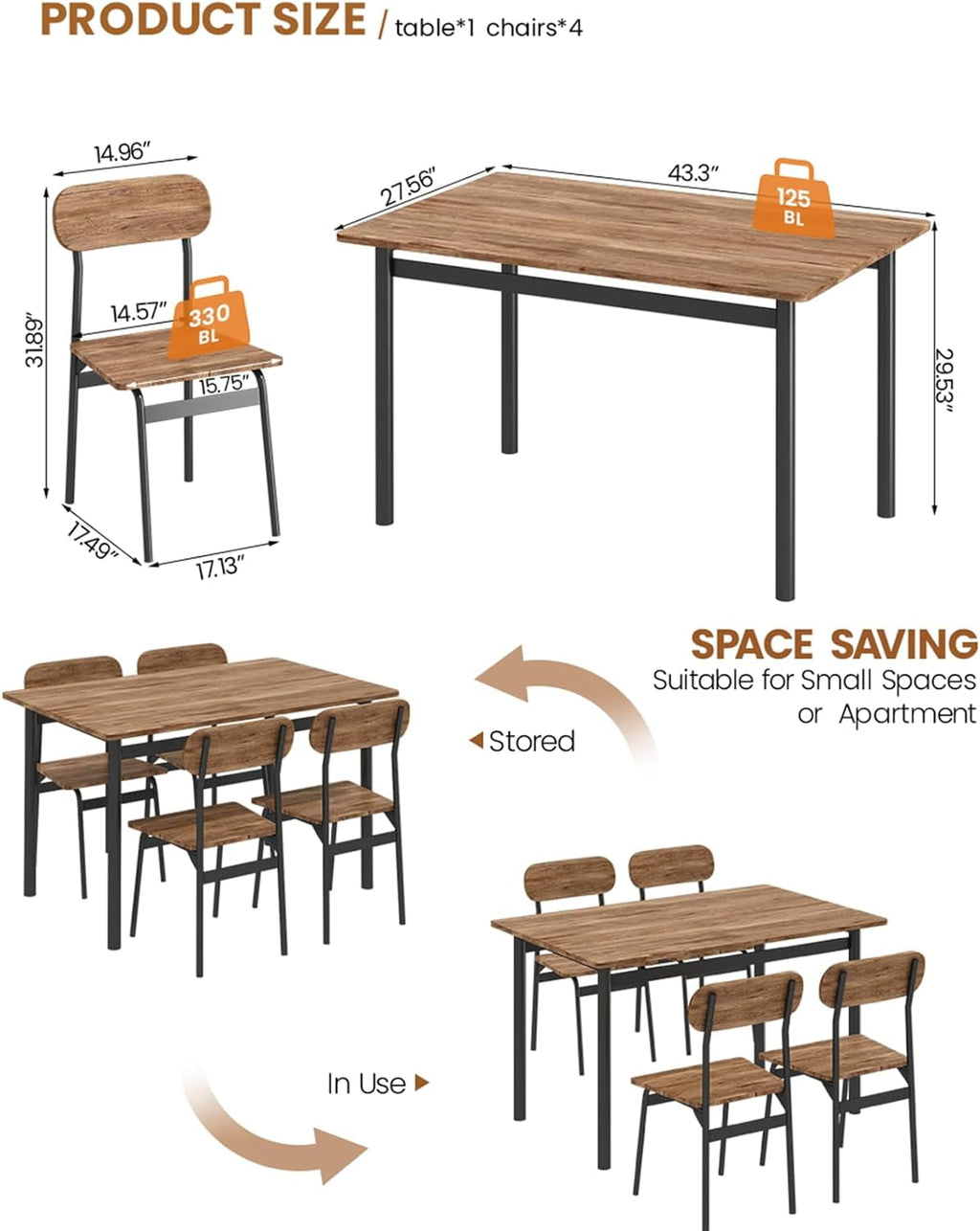 Lamerge 4 Person Dining Table Set, Wooden Dining Table 5 Piece Set with 4 Oak Metal Frame Chairs, Space Saving, Suitable for Apartments, Small Spaces, Kitchens, Breakfast Corners, Espresso Wood C