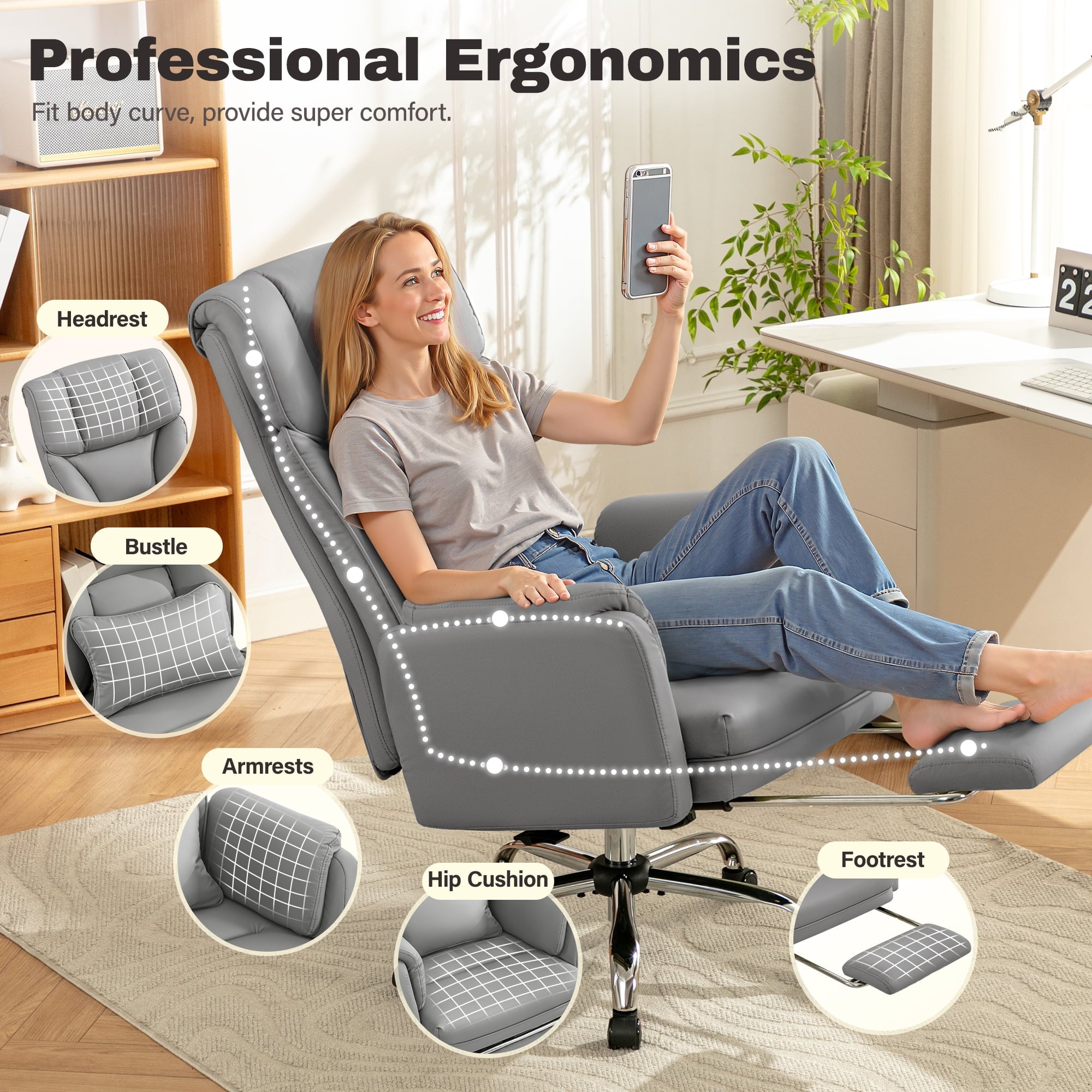 Primy Cross Legged Office Chair with Footrest & Convertible Armrests, 500LBS Capacity Home Desk Chair, Ergonomic Recliner with Lumbar Pillow, Criss Cross Design, Big and Tall Executive Chair