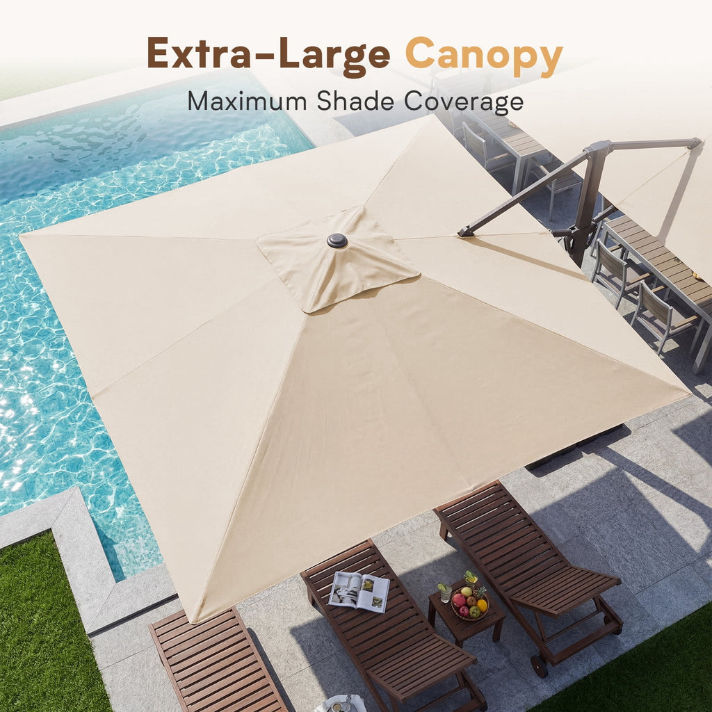 FUNDAZE 10x10ft Double Canopy Cantilever Umbrella, Patio Outdoor with Base & Cover, Waterproof UV Resistant for Garden Poolside Shade, Beige
