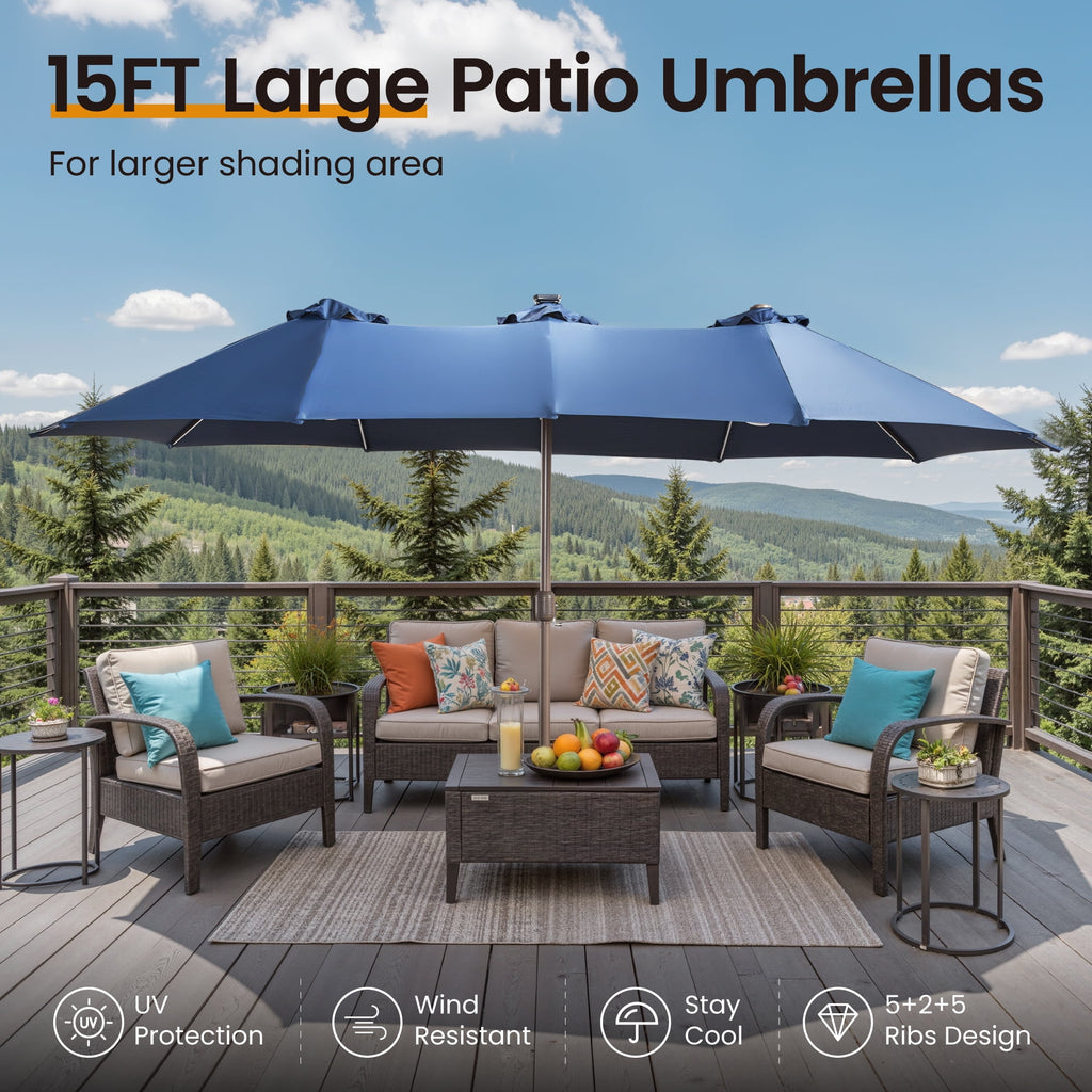 Ovios 15ft Solar LED Patio Umbrellas Double-Sided Outdoor Umbrella 36 LED Lights Large Poolside Umbrella with Base for Outside, Market, Backyard, Dark Grey