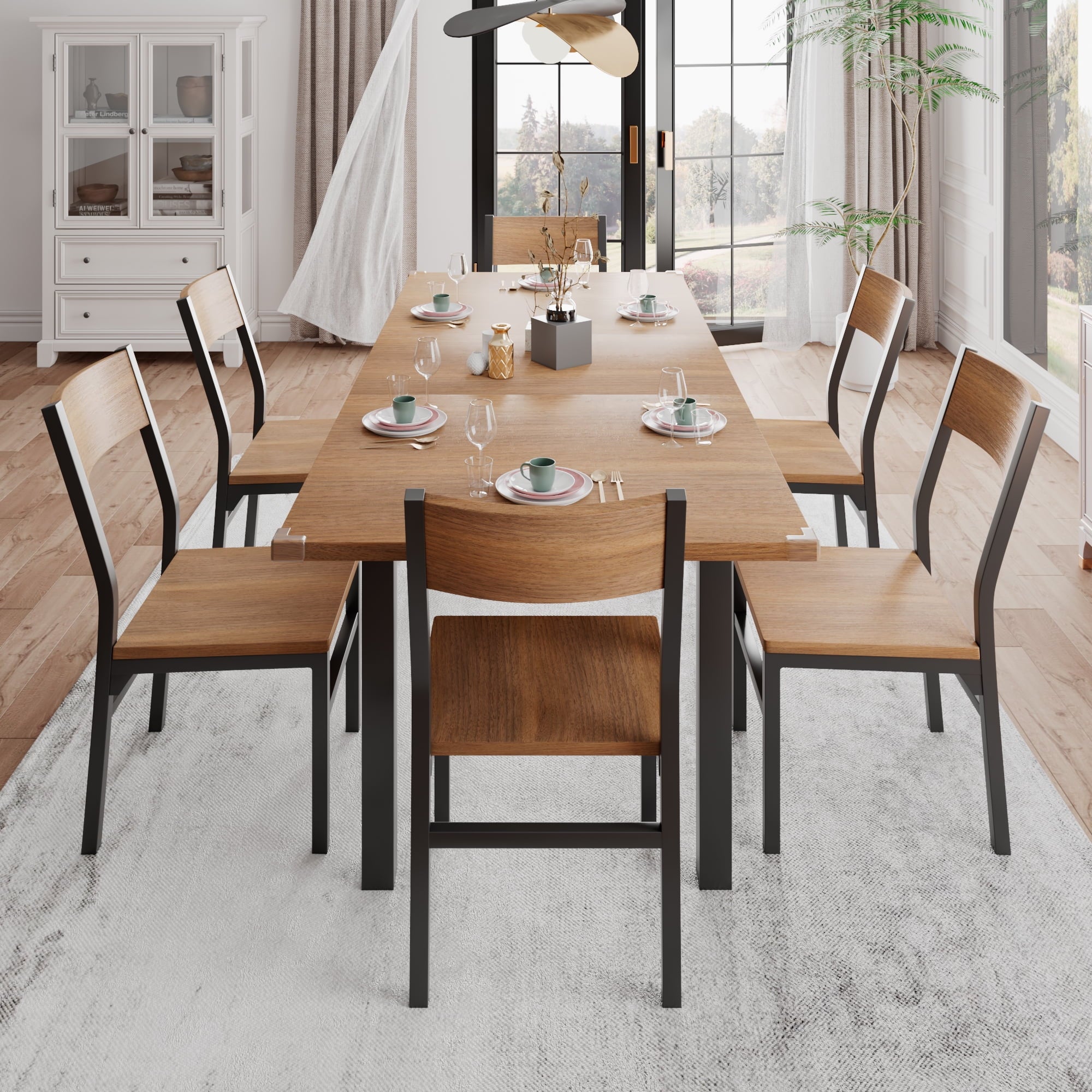 iPormis 63 Extendable Kitchen Table Set for 4-6 People, 7-Piece Large Dining Table Set with 6 Chairs,Mid-Century Dining Room Table,Espresso