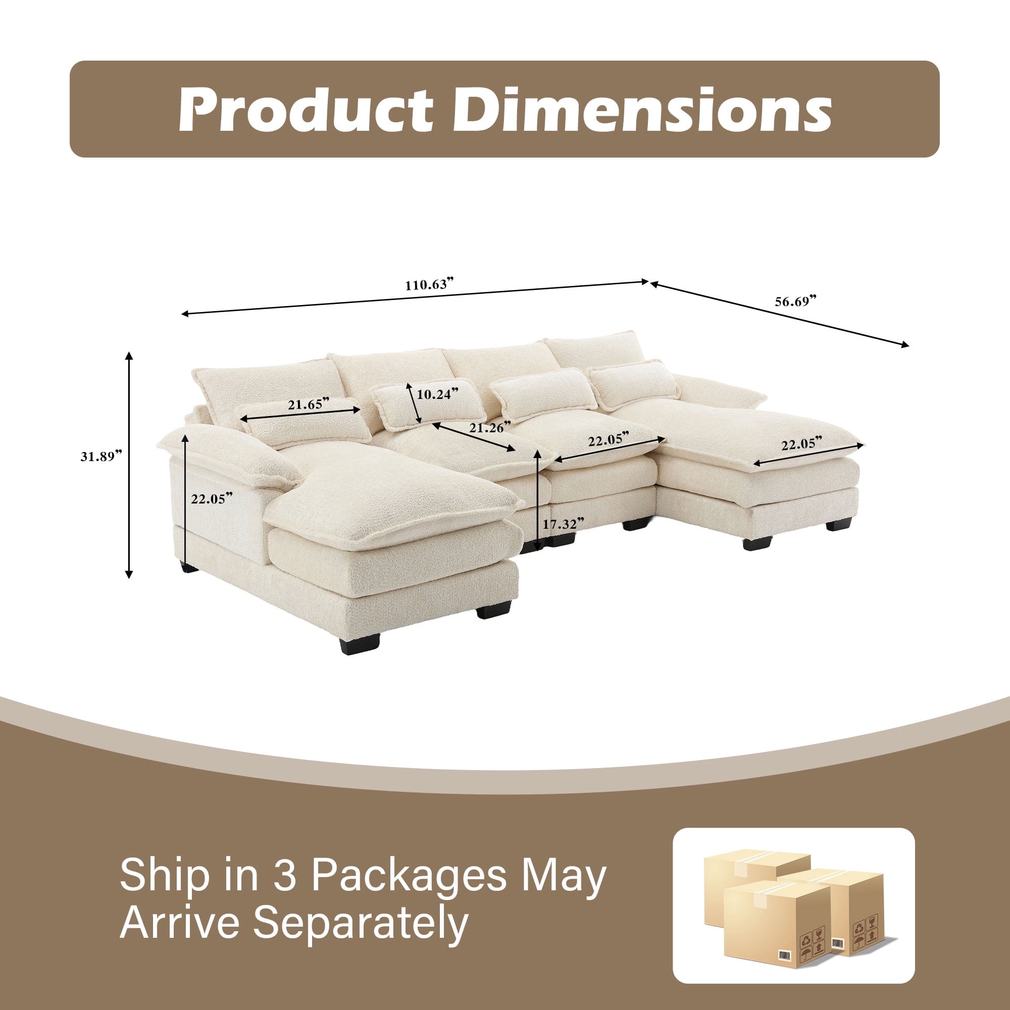 JONPONY109.45 U Shaped Couch,Oversized 4 Seat Sectional with 4 Waist Pillows, Convertible Upholstery Symmetrical Sofá,Sleeper Sofa Couch with Double Chaise Lounge &Memory Foam for Living Room, Beige