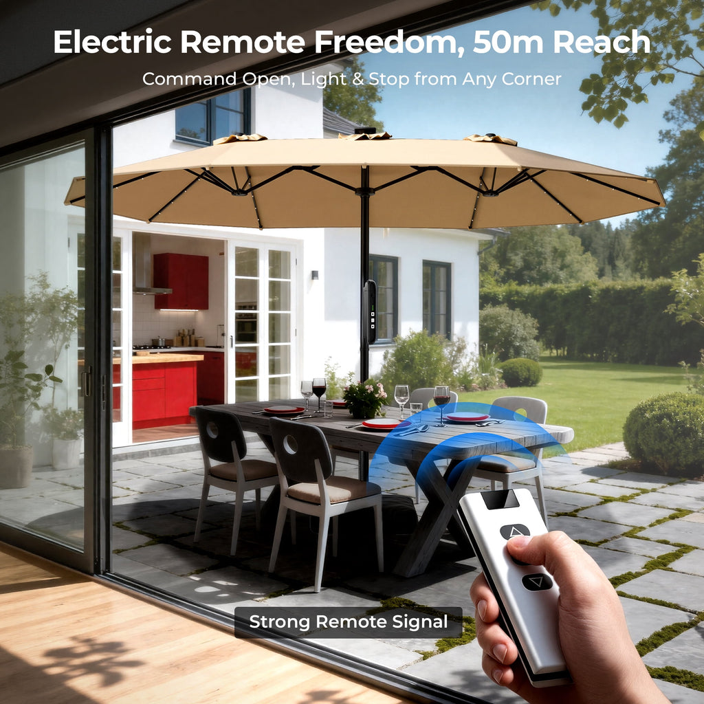 15ft Smart Electric Patio Umbrella, Large Double Sided Rectangular Outdoor Patio Umbrella with Light and Base for Lawn, Garden, Backyard,Beige