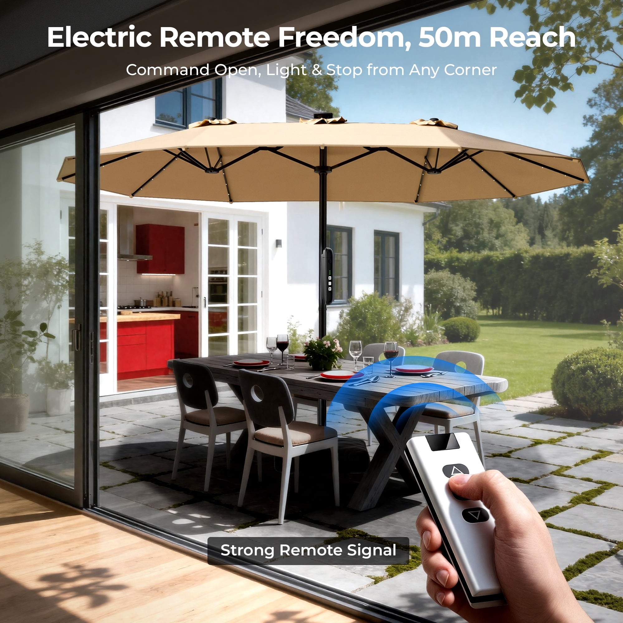 15ft Smart Electric Patio Umbrella, Large Double Sided Rectangular Outdoor Patio Umbrella with Light and Base for Lawn, Garden, Backyard,Beige