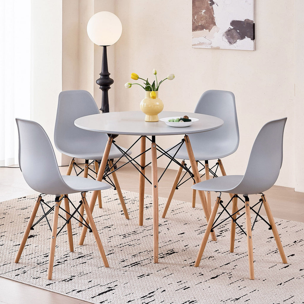 5-Piece 35.5'' Round Dining Table Set for 4, Kitchen Table Chair Set of 4, Mid-Century Modern Dinette Dining Room Table Set Dinner Table for 4 W/Solid Wood Legs, White