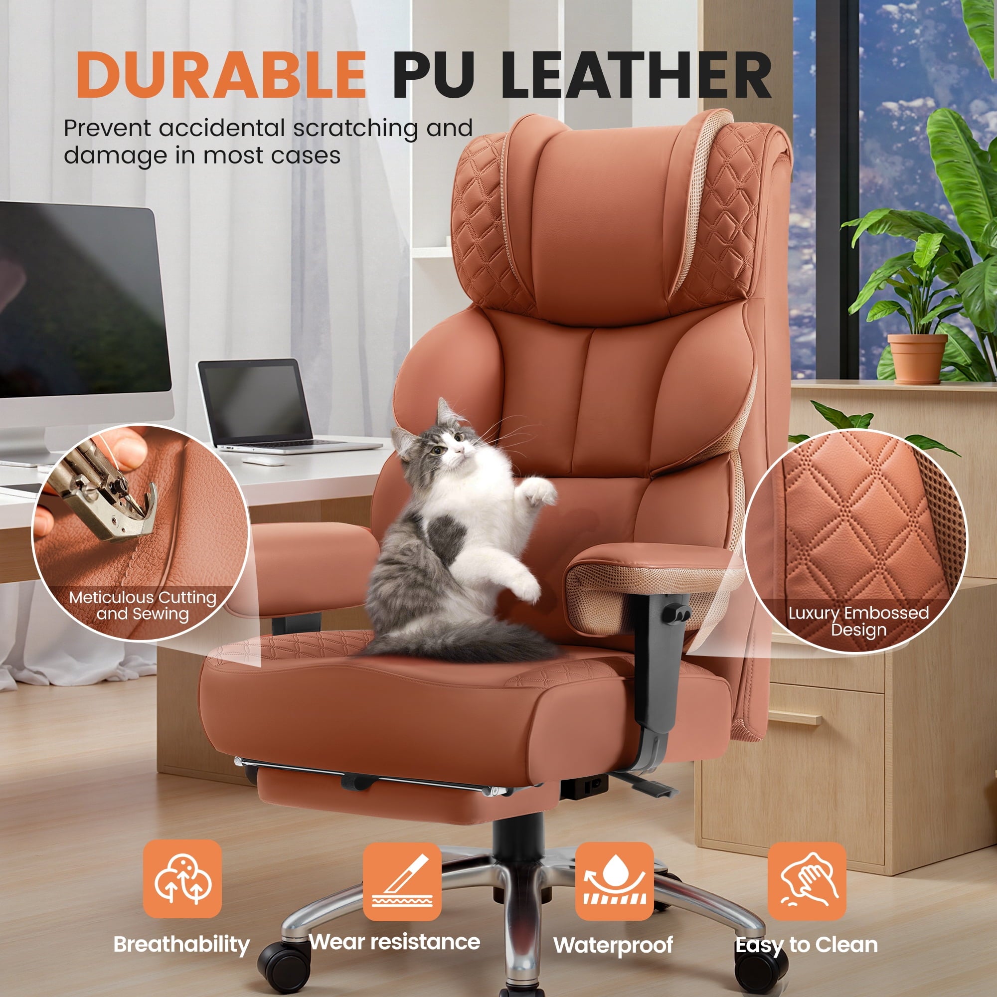 COOLHUT Big and Tall Office Chair 400LBS, Adjustable Headrest Ergonomic Computer Desk Chair, Executive Leather Chair with Adjustable Armrest, High Back Office Chair Havy Duty Design, Black
