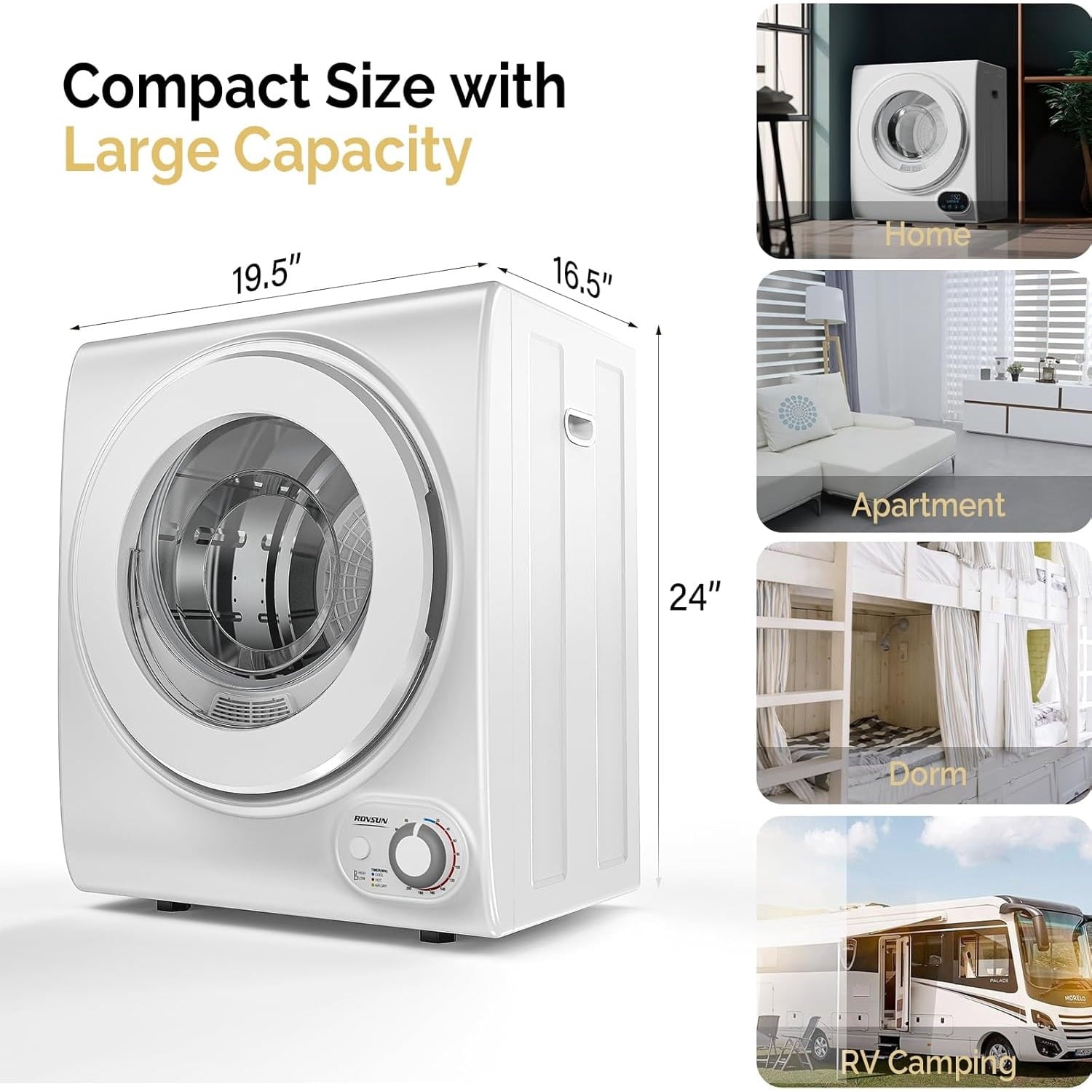 2.6 Cu.Ft White Compact Portable Laundry Dryer, 110V Electric Clothes Dryer with Stainless Steel Tub & Control Knob, Small Portable Dryer Machine for Apartment Dorm RV Indoor Use