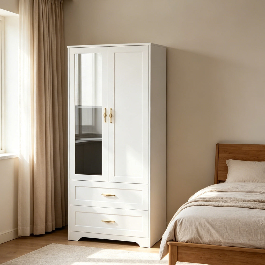 Ktaxon Wardrobe Armoire Closet with Hanging Rod, Modern Drawer & Shelf – Elegant White Finish Closet, Farmhouse to Mid-Century Style