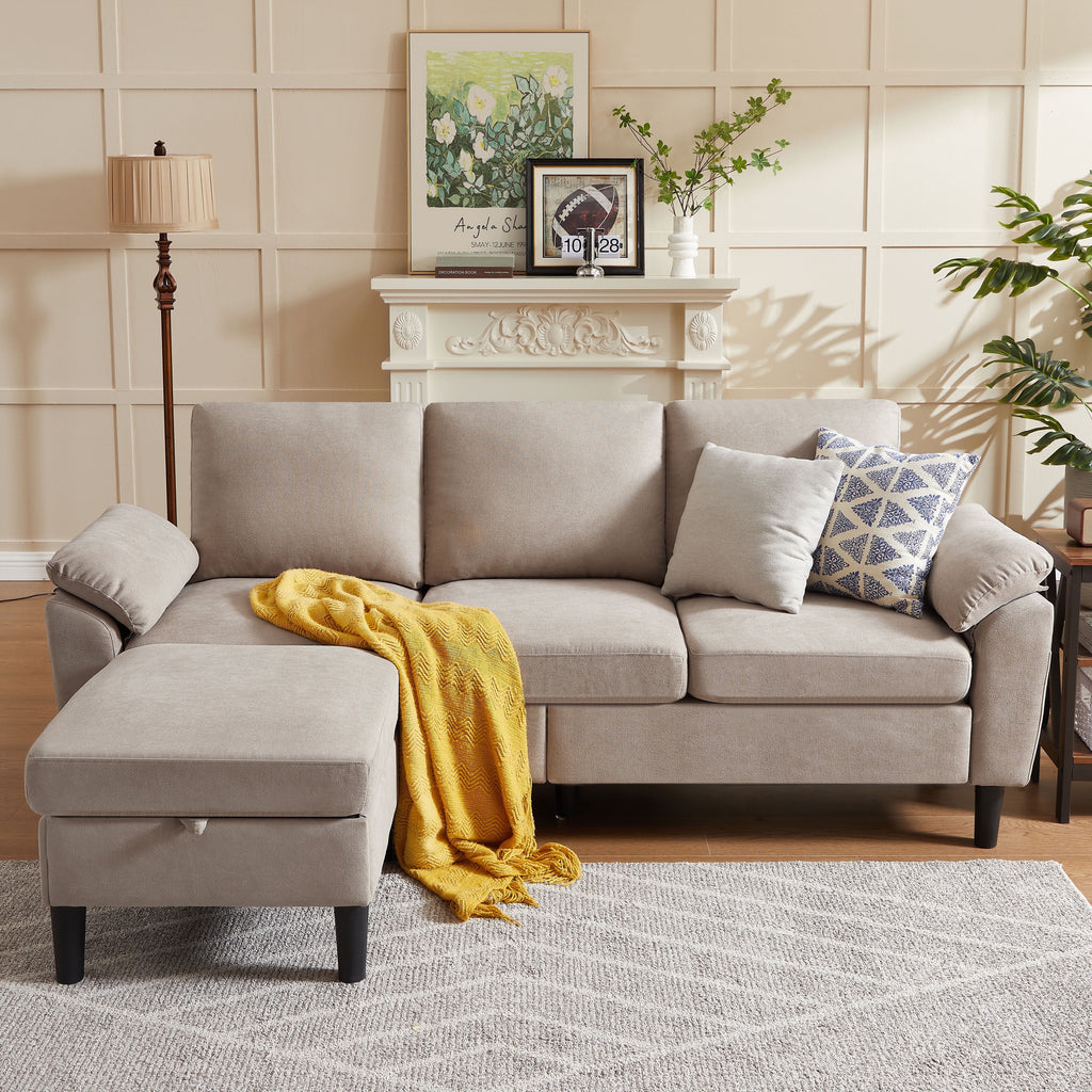 Jarenie 80 Convertible Sectional Sofa, Small L Shaped 3 Seat Couch with Reversible Storage Chaise, Modern Polyester Fabric Sofa Couches for Living Room, Apartment and Small Space, Beige