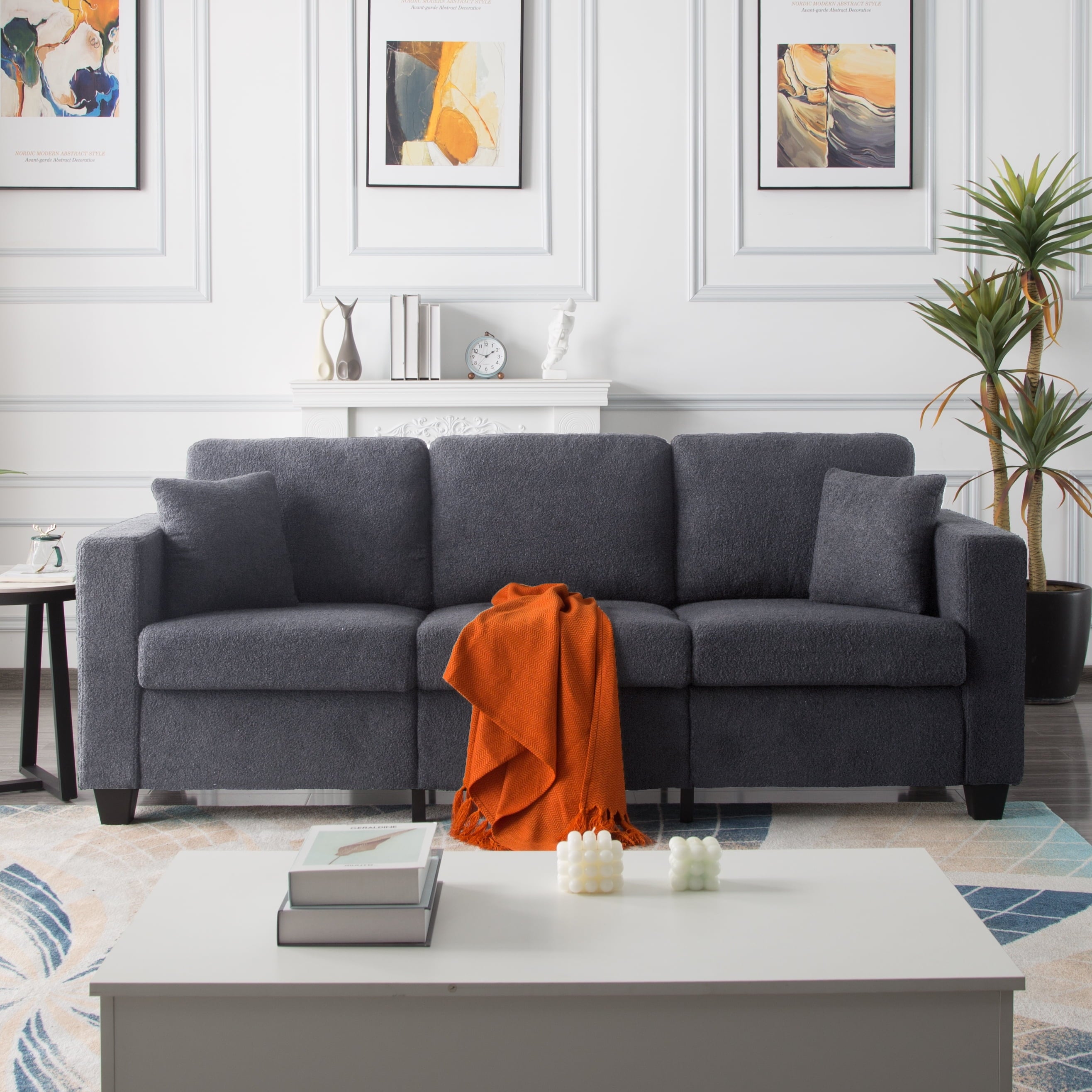 Gewnee 86.6 Modern Sofa Couch,Teddy Velvet 3 Seaters Comfy Couch with Deep Seat for Living Room,2 Pillows,Beige
