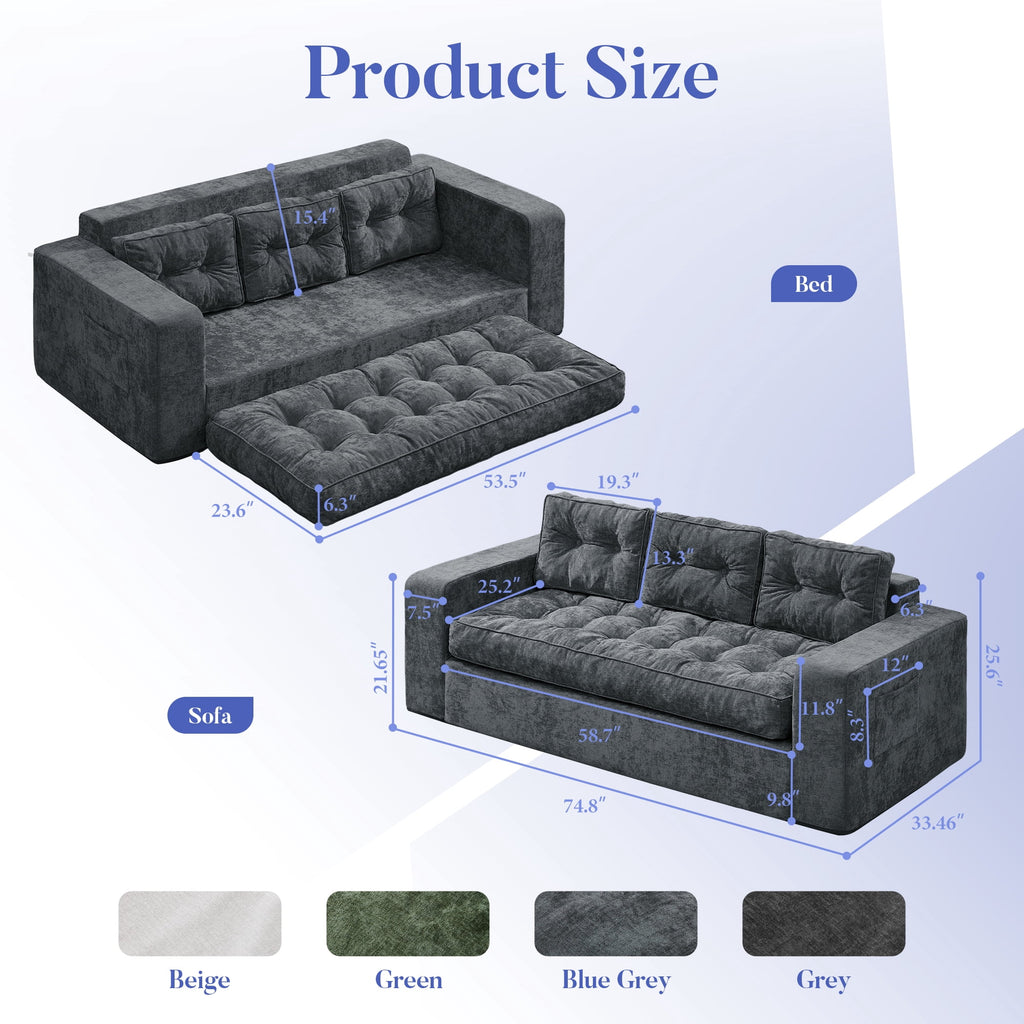Hobestluk 3-Seater Sofa Boneless Couch with Tufted Button Design 2 in 1 Comfy Cloud Couch Oversized Sofa for Living Room Bedroom Apartment or Office (Grey, 3 Seater)