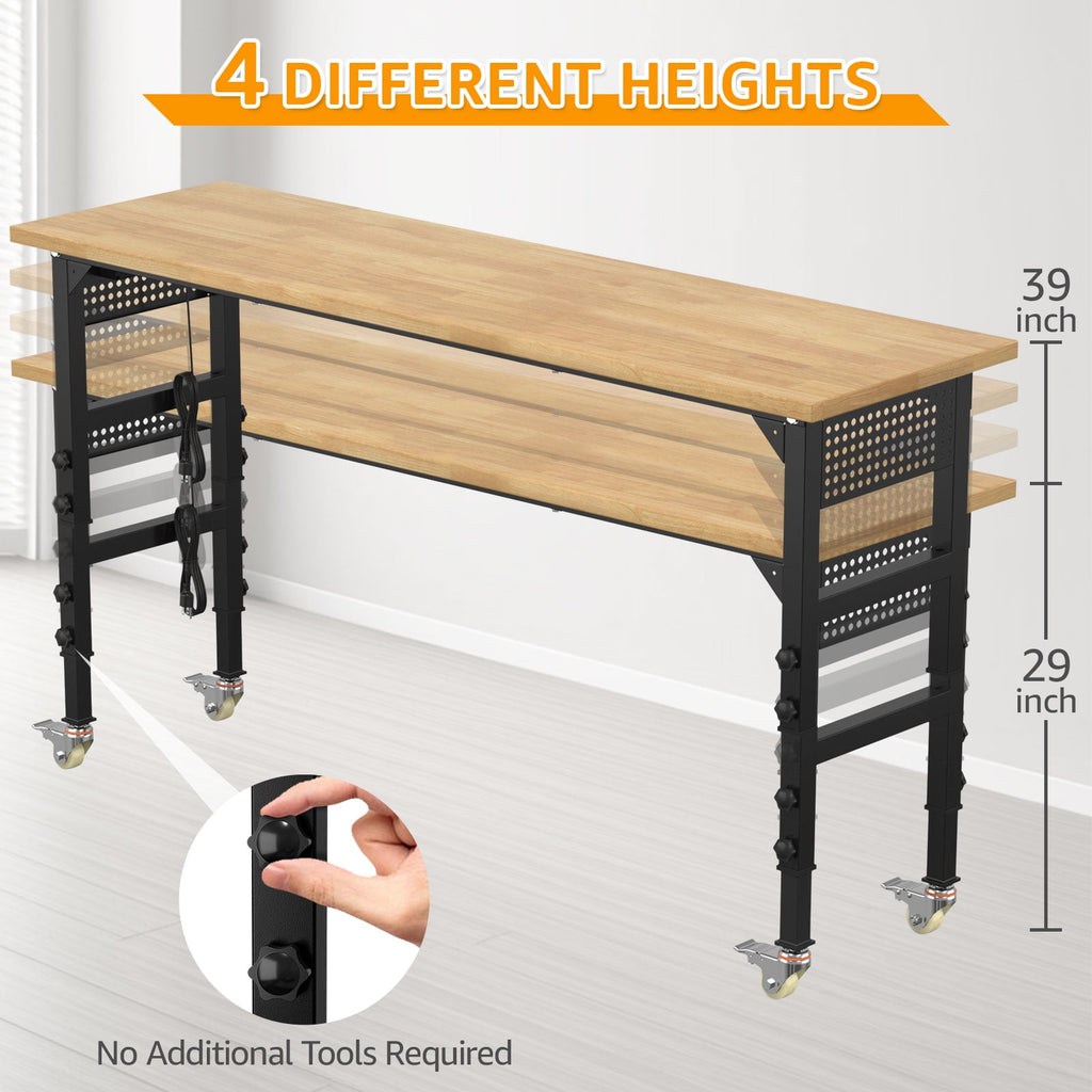 60 Adjustable Workbench,Heavy-Duty Work Table,3000 LBS Load Capacity Hardwood Workstation Outlets with Power strips and Wheels,for Workshop, Garage