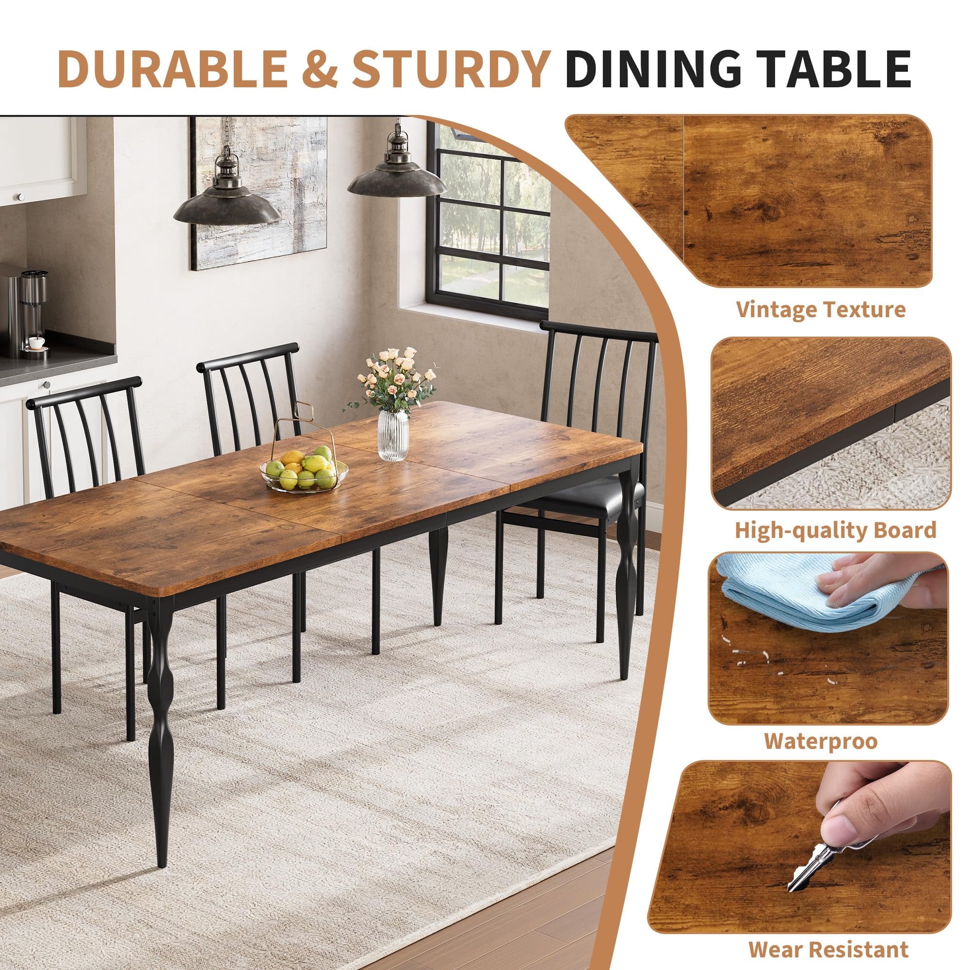 M optimized 78-inch Farmhouse Dining Table for 8, Rustic Rectangular Kitchen Table with Large Tabletop, Long Wooden Dining Room Table with Heavy Duty Legs