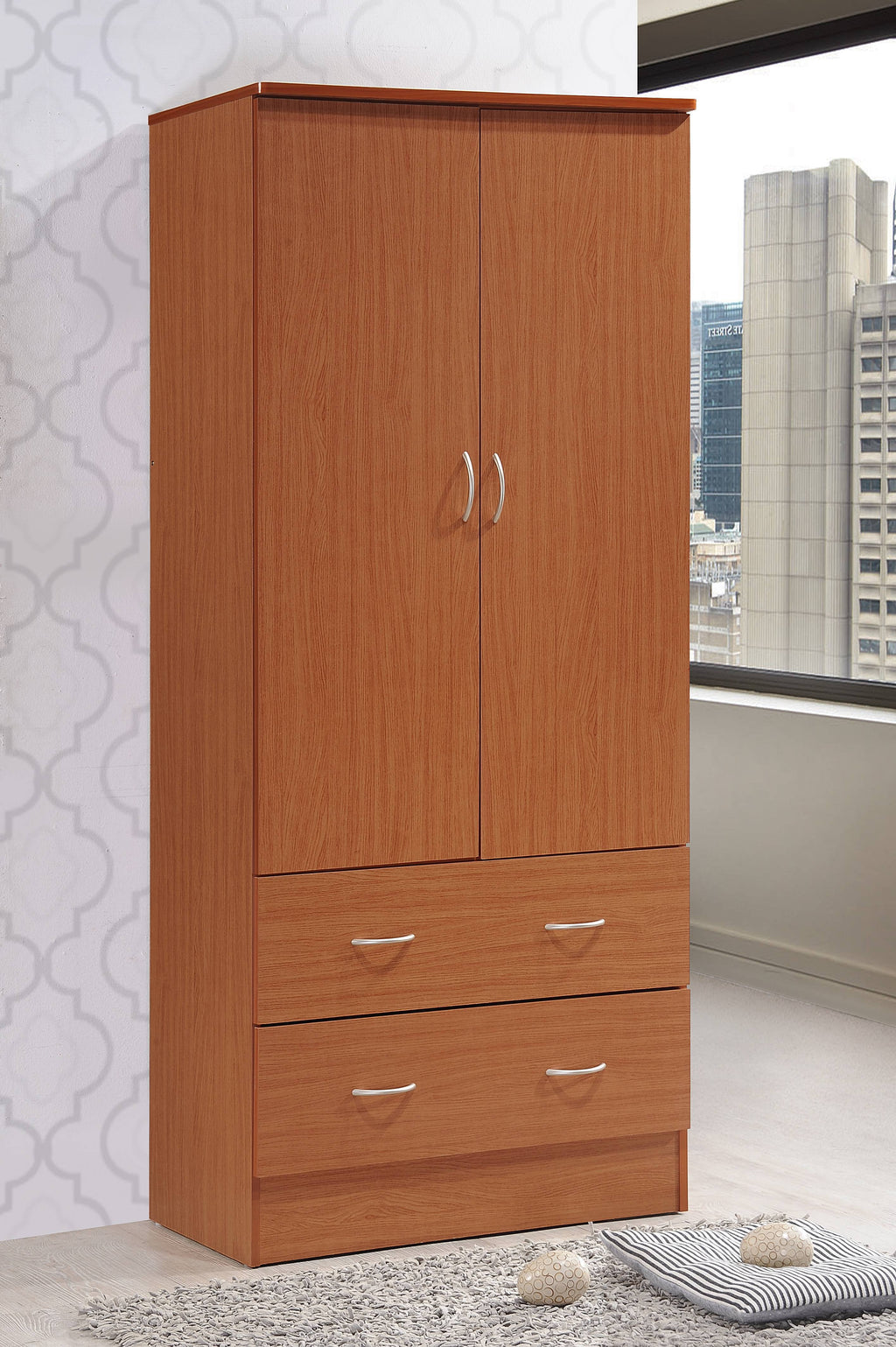 Hodedah 2-Door Armoire with 2-Drawers and Clothing Rod in Black