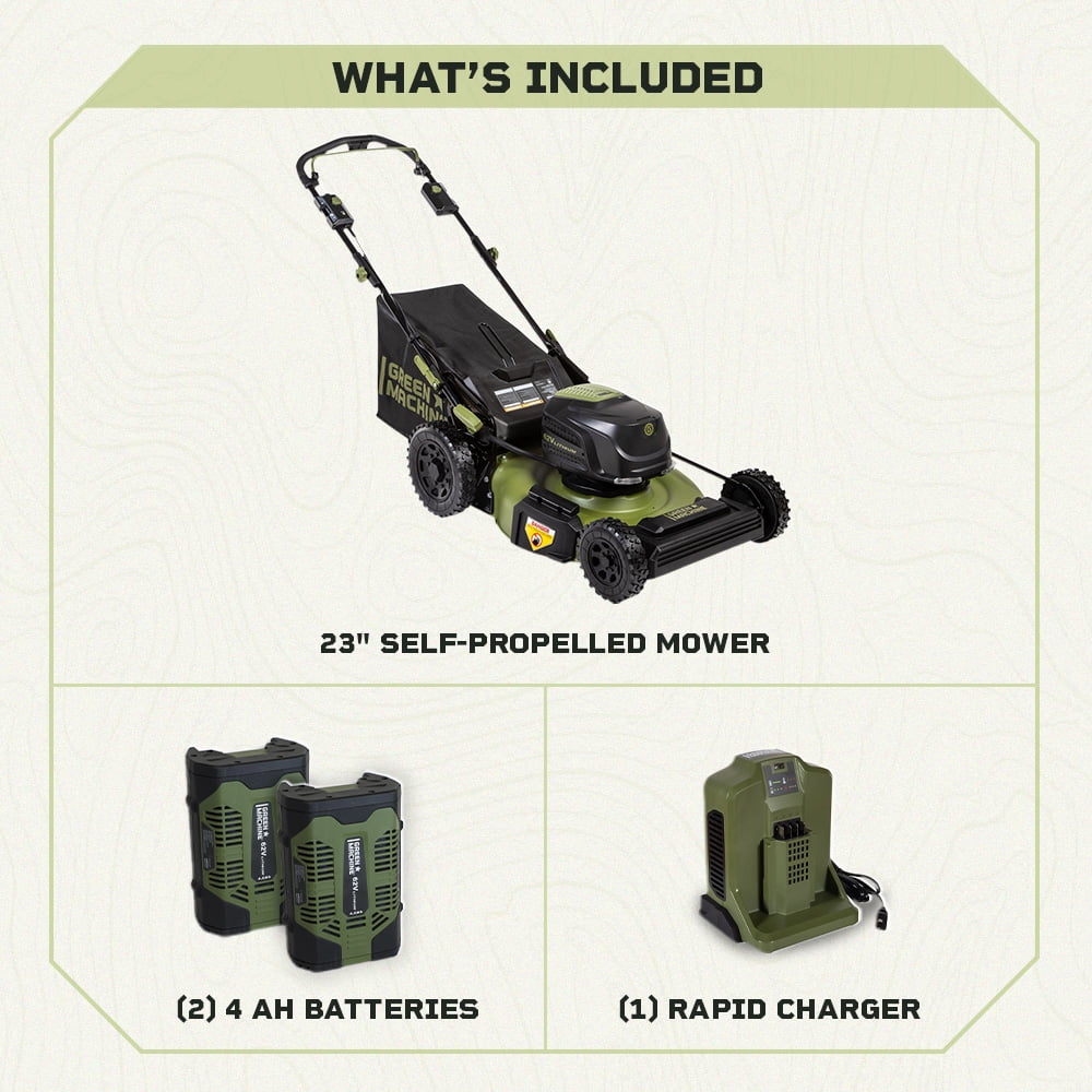 Green Machine 62V 23-Inch Self-Propelled Brushless Cordless Electric Lawn Mower, Includes Two 4.0Ah Batteries and Rapid Charger