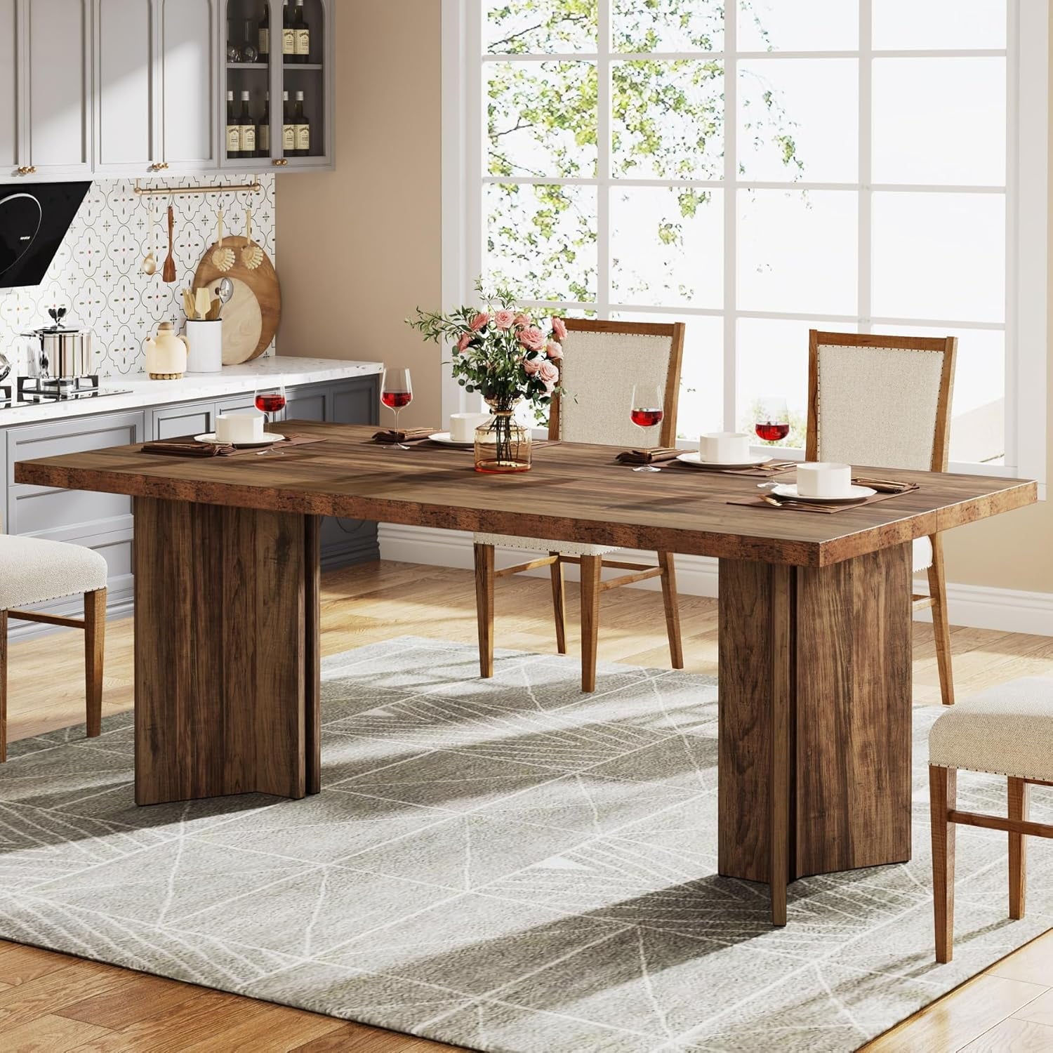 Tribesigns 63 Dining Room Table for 4-6, Wood Rustic Dinner Table for Kitchen, Dark Brown
