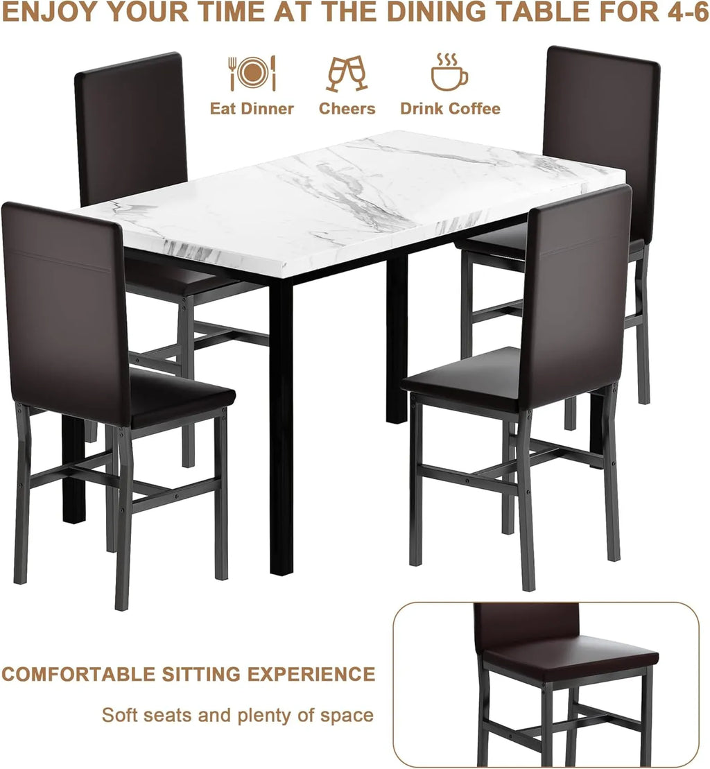 MOOSENG Dining Table Set for 4, Faux Marble Kitchen Table and Chairs Set of 4, 5-Piece Dining Room Set with PU Leather Upholstered Chairs for Small Space, Gray