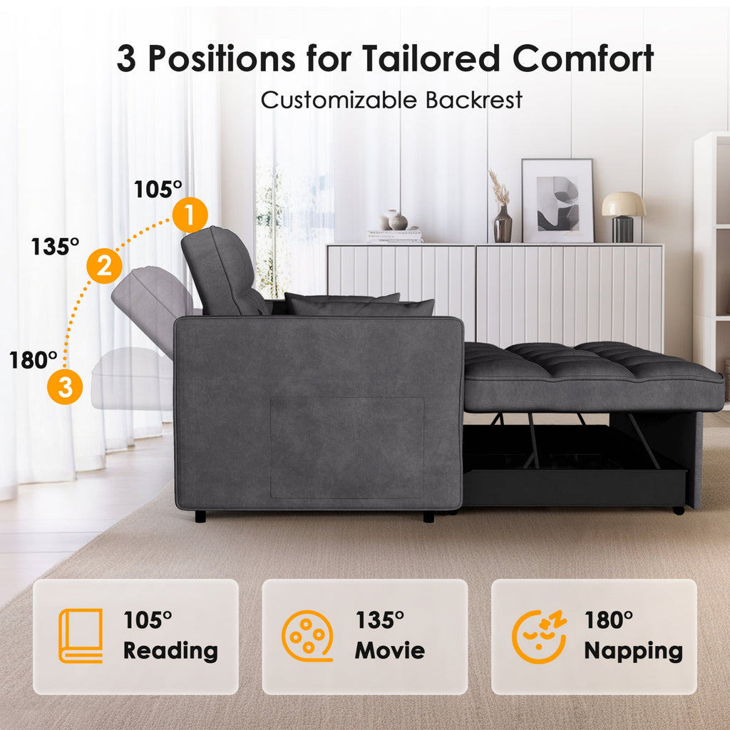 Anpport 3-in-1 Convertible Sleeper Sofa Bed, Pull-Out Loveseat Couch with Adjustable Back for Small Spaces, Velvet Fabric, 55, Dark Gray