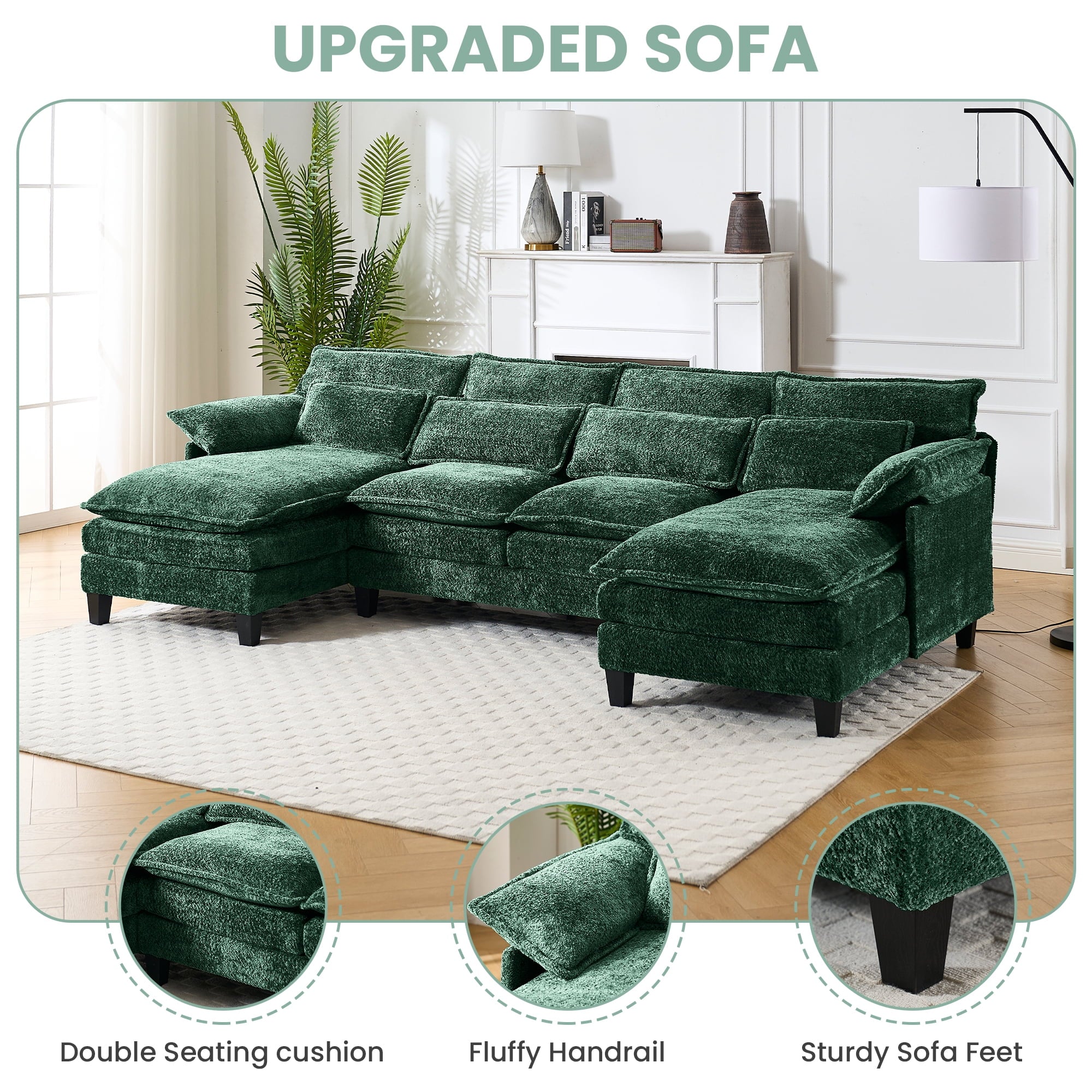 JONPONY109.45 U Shaped Couch,Oversized 4 Seat Sectional with 4 Waist Pillows, Convertible Upholstery Symmetrical Sofá,Sleeper Sofa Couch with Double Chaise Lounge &Memory Foam for Living Room, Beige