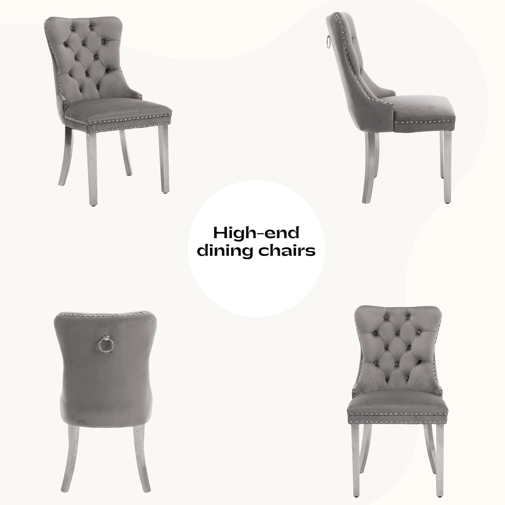 63 Modern White Rectangle Faux Marble Dining Table Room Sets for 4,Dining Table with 4 Velvet Dining Chairs,White Table and 4 Gray Chairs with Silver Leg