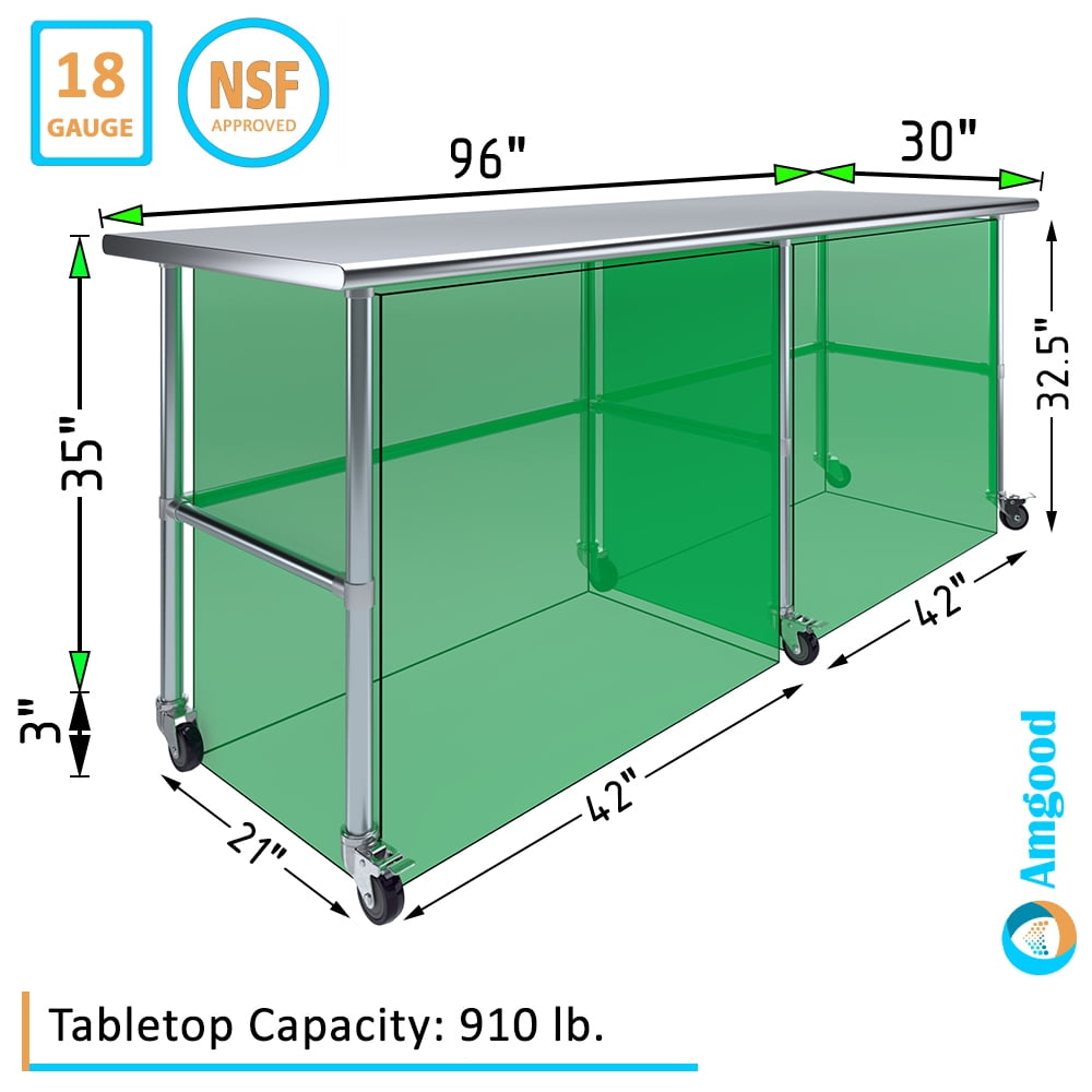 AmGood 36 Long x 30 Deep Stainless-Steel Work Table with Open Base and Wheels, Mobile Metal Table