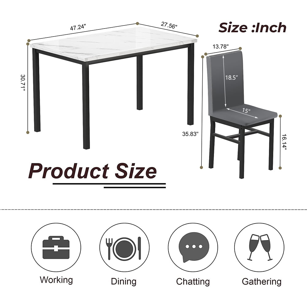 5 Piece Dining Table Set, Modern Faux Marble Tabletop and 4 PU Leather Upholstered Chairs, Rectangle Kitchen Table and Chairs for 4 Persons, Small Dining Set for Bar Dining Room Breakfast Nook