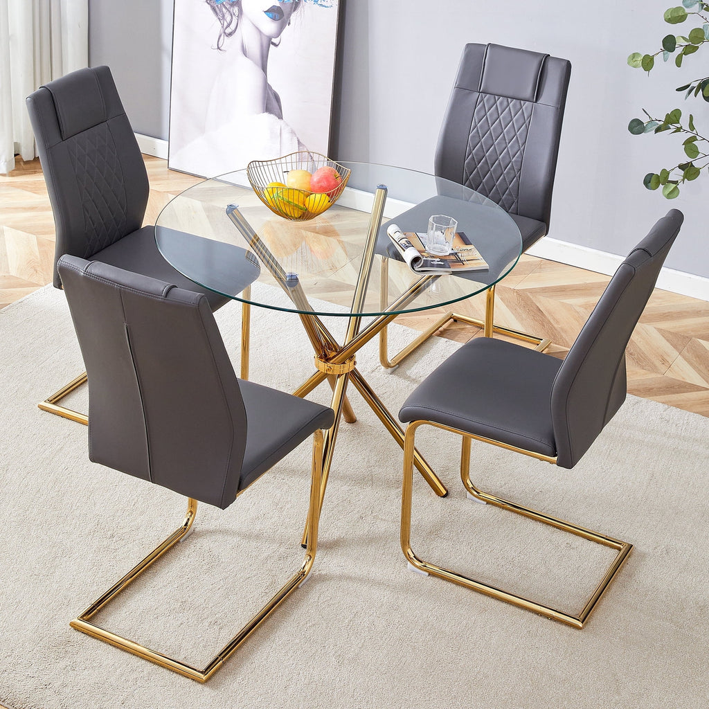 LUFTUT 36.6 Round Glass Dining Table, Modern Gold Base Kitchen Table, Small Space Bistro Table, Clear Tempered Glass Top for Apartmen