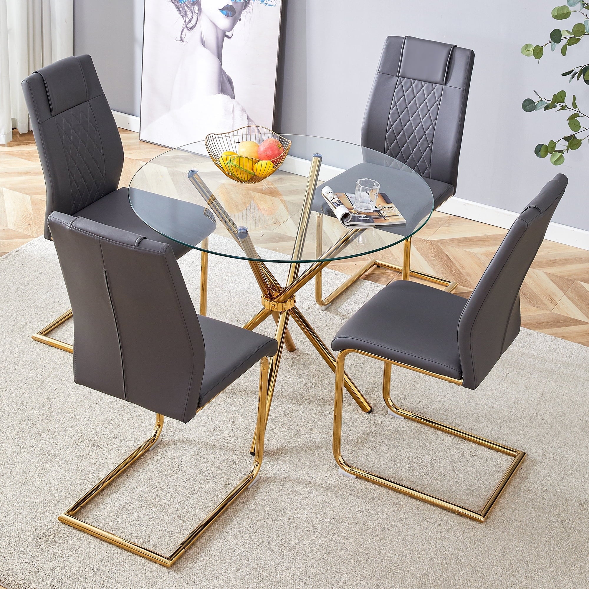 LUFTUT 36.6 Round Glass Dining Table, Modern Gold Base Kitchen Table, Small Space Bistro Table, Clear Tempered Glass Top for Apartmen