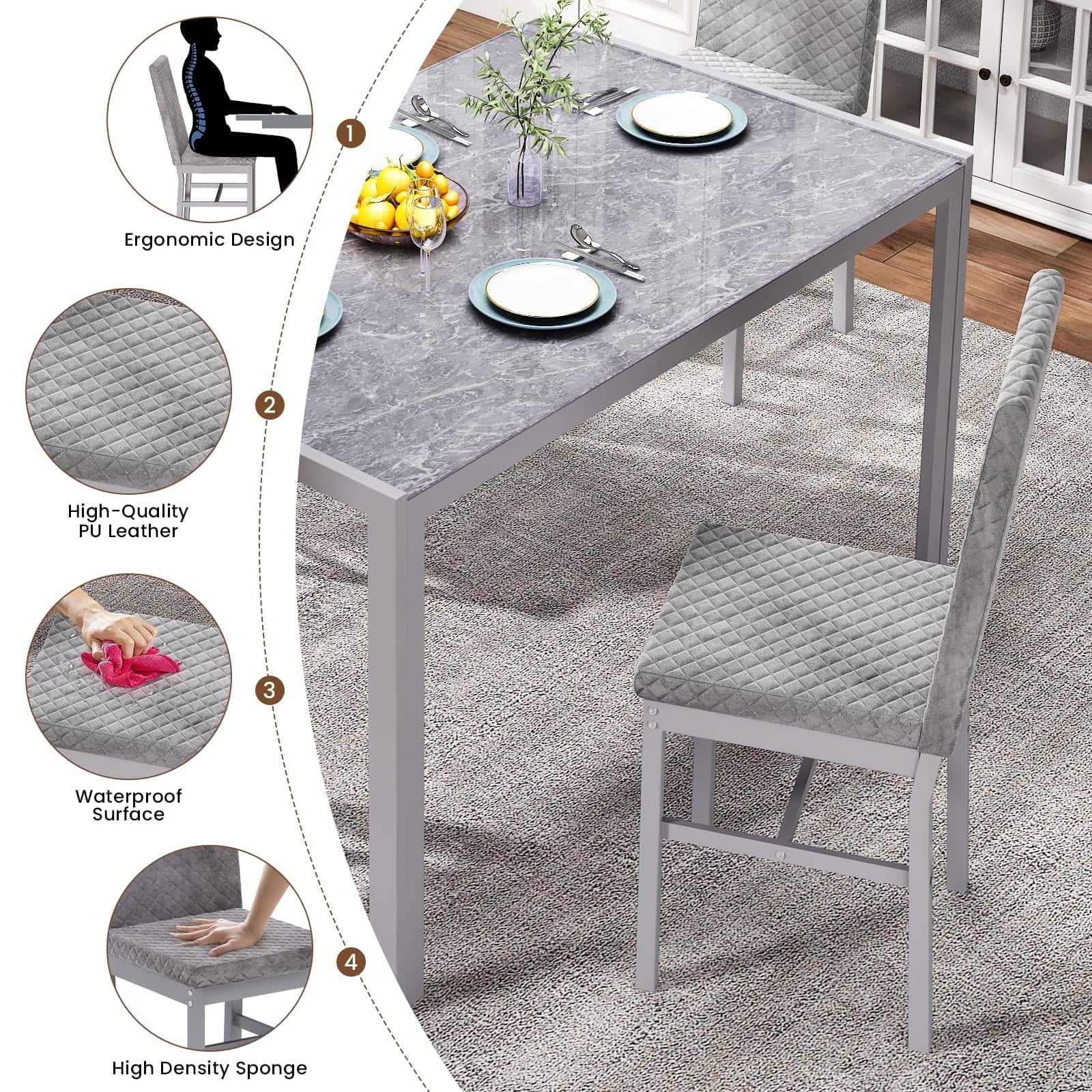 Baxluxe Dining Table Set for 4, Modern 5 Piece Dining Table Set, Faux Marble Kitchen Table and 4 Velvet Upholstered Chairs for Apartments, Dining Rooms, Small Spaces, Gray