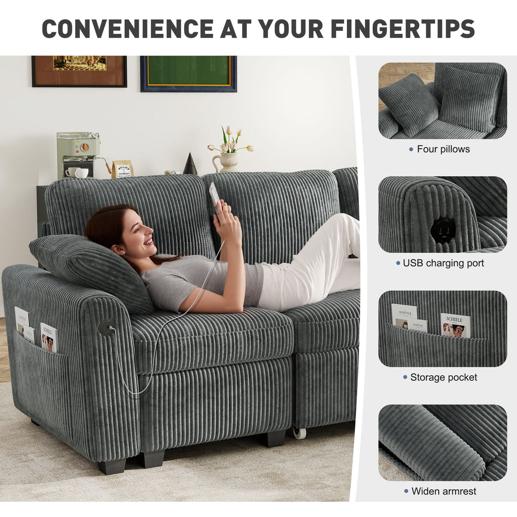 BedLuxury 83 Sectional Sleeper Sofa With Pull Out Bed, Storage Seat & USB Charging, L Shape Modern Couch for Living Room, Corduroy Gray