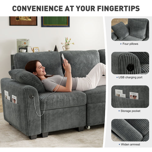 BedLuxury 83 Sectional Sleeper Sofa With Pull Out Bed, Storage Seat & USB Charging, L Shape Modern Couch for Living Room, Corduroy Gray