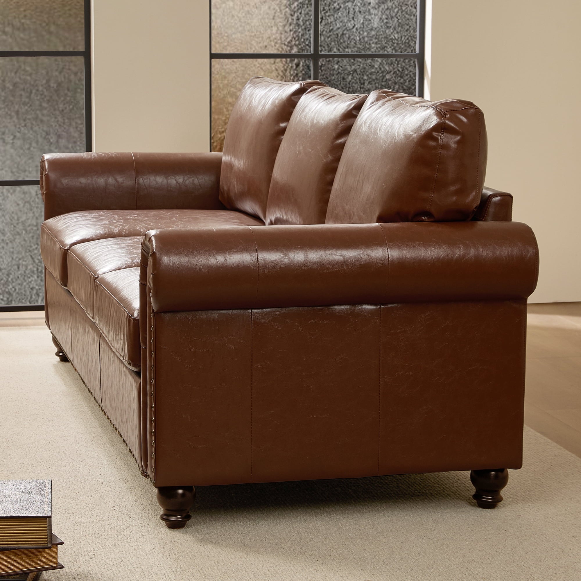 Me'on 80'' Faux Leather Sofa with Storage Seats, Classic 3-Seater Couch with Nailhead Trim, Easy Assembly, Dark Brown
