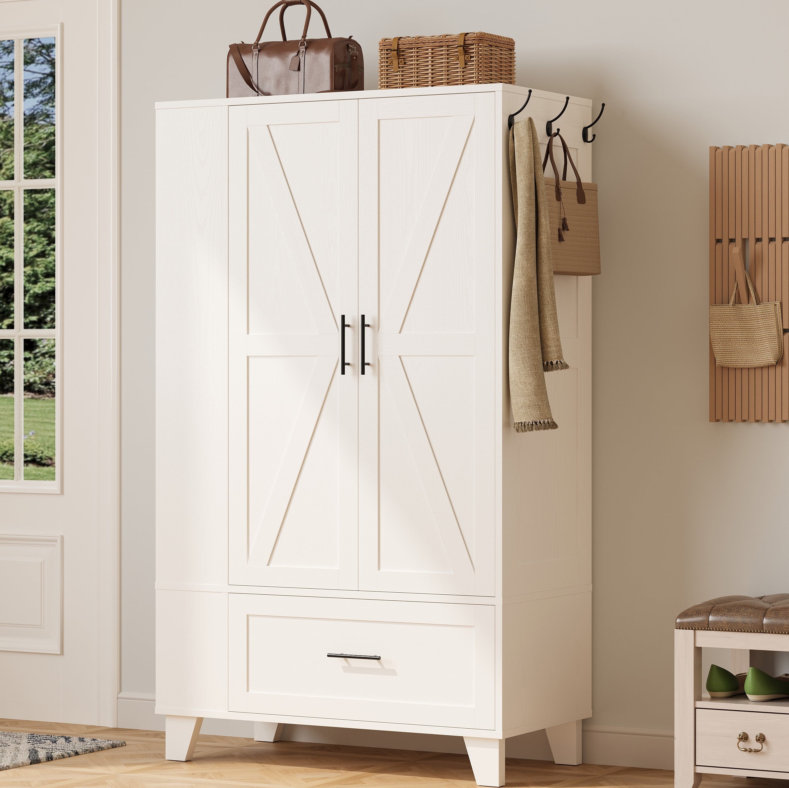 IRONCK 67 Tall Wardrobe Closet with Mirror & Drawer, White Wooden Bedroom Armoire Cabinet with Side Shelves and Hooks