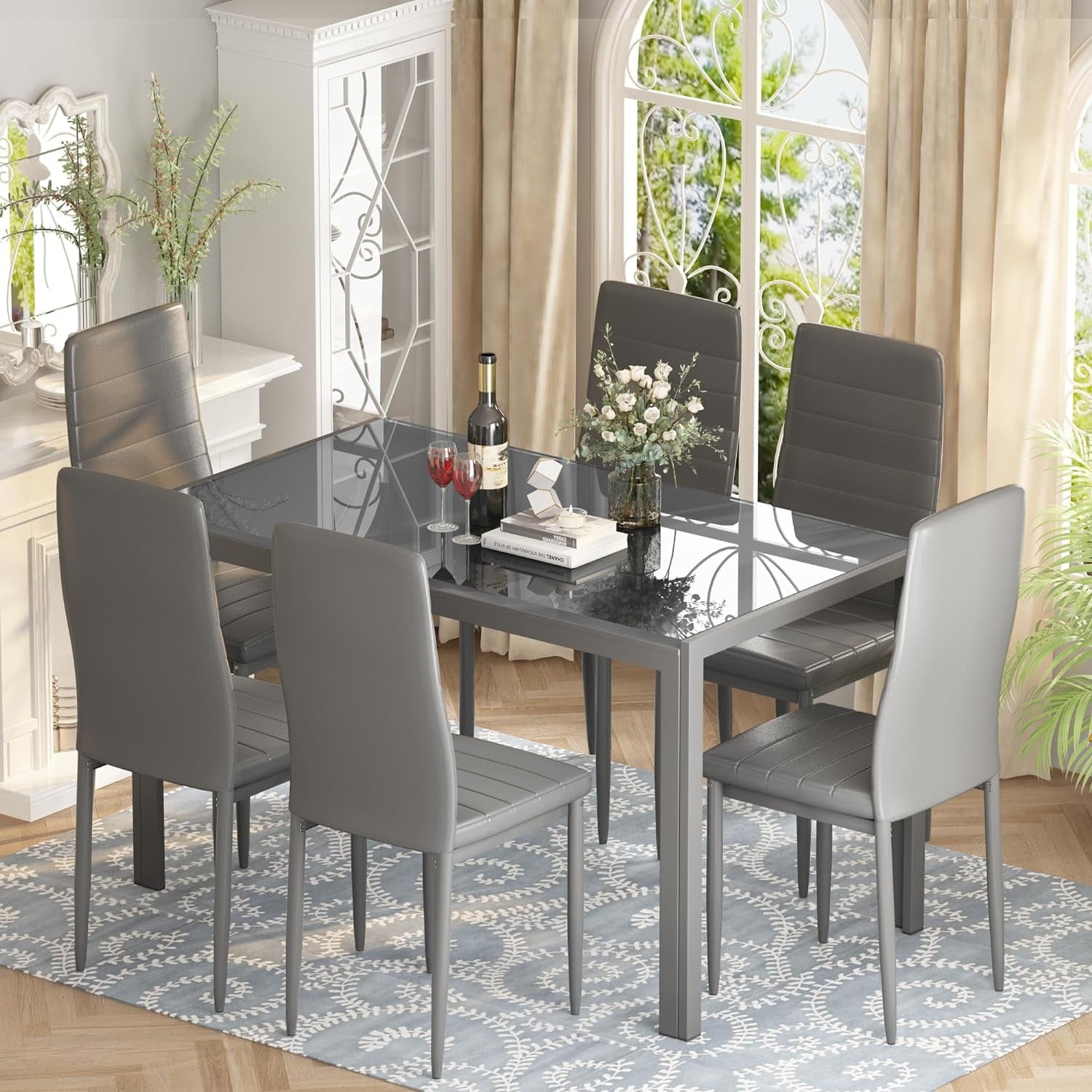 LinkRomat 7-Piece Glass Dining Table Set for 6, Modern Kitchen Table with PU Leather Chairs, Black Dining Room Table and Chairs Set for Small Space, Apartment