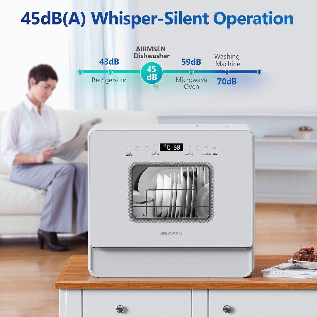 AIRMSEN 5-Place Settings Portable Countertop Dishwasher with 5L Built-in Water Tank, Ultra-Slim Dishwasher Upgrade 3 Spray Arms, 12H Delay Start and Salt Chamber Function, ZMW-DUHA01