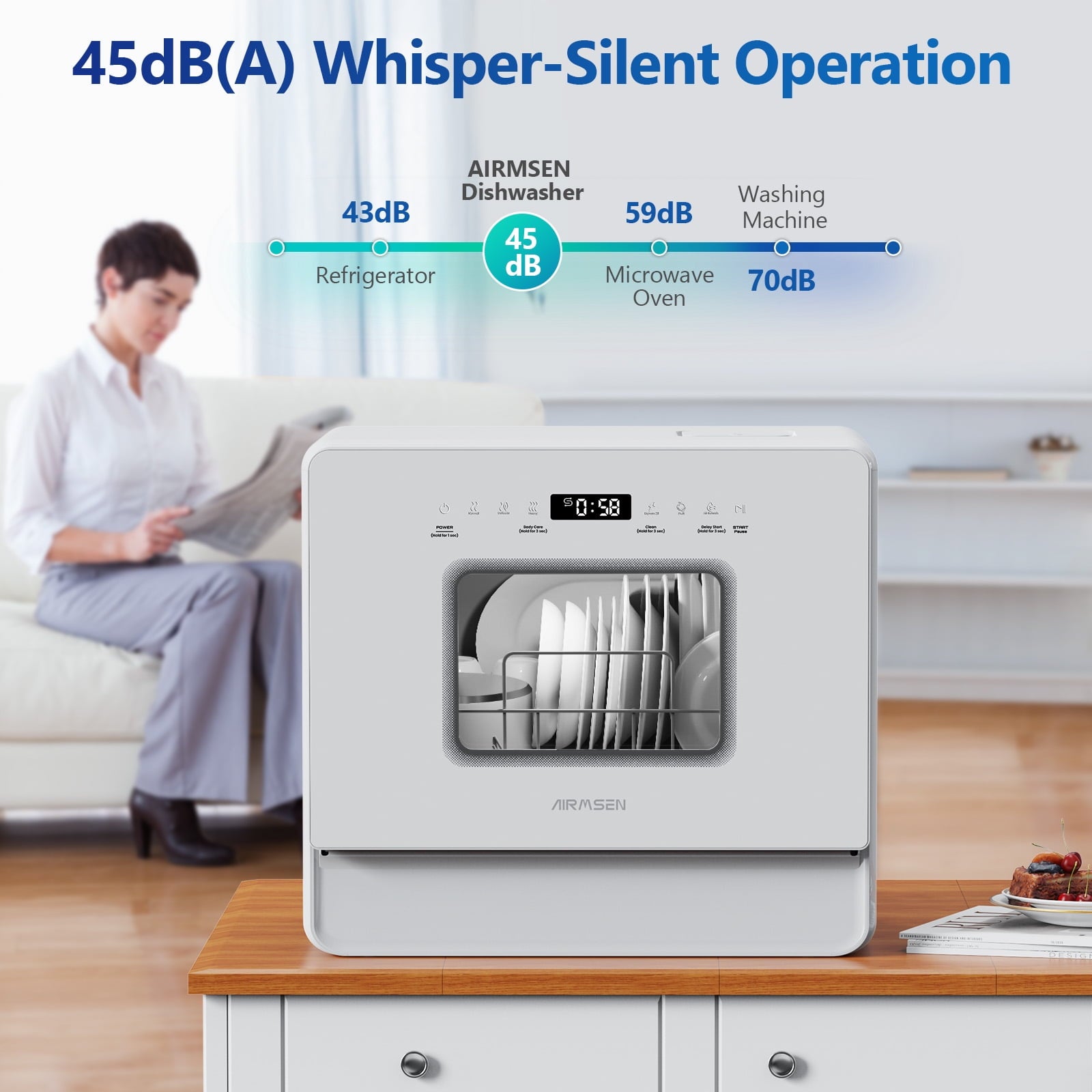 AIRMSEN 5-Place Settings Portable Countertop Dishwasher with 5L Built-in Water Tank, Ultra-Slim Dishwasher Upgrade 3 Spray Arms, 12H Delay Start and Salt Chamber Function, ZMW-DUHA01