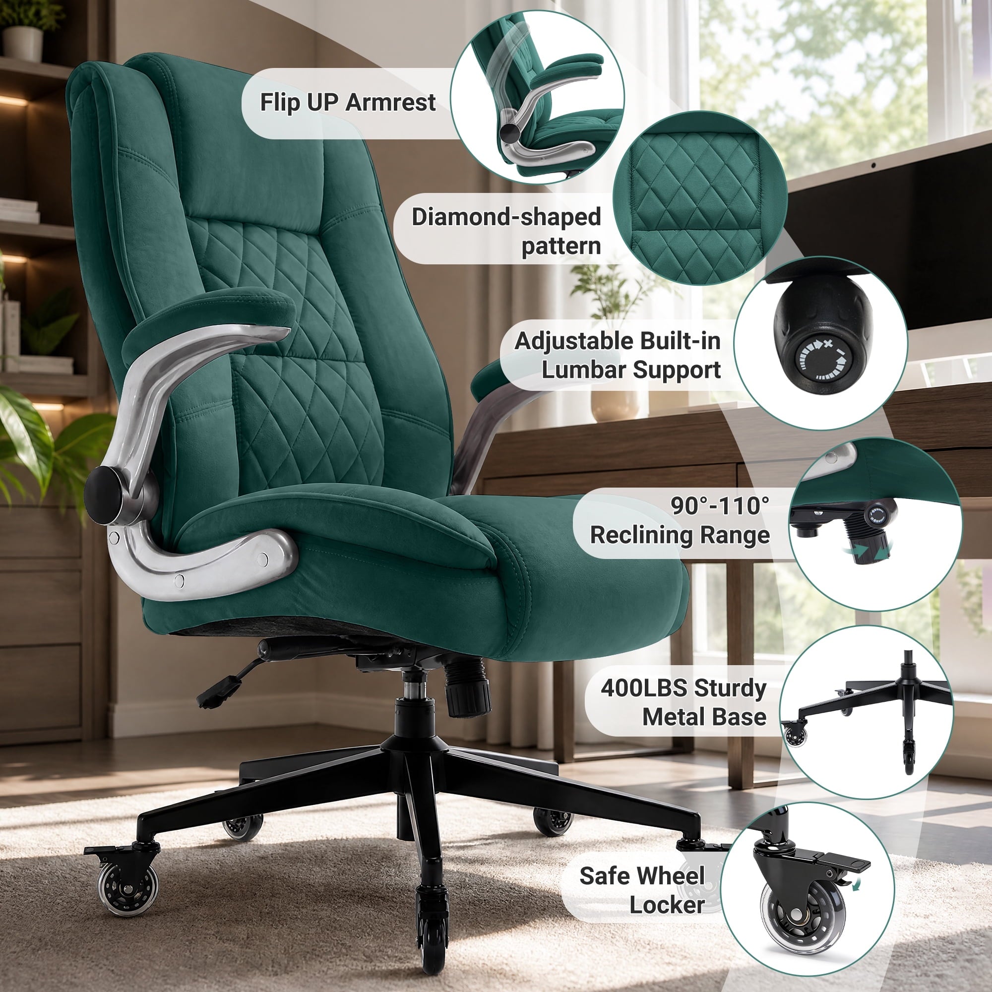 Ergonomic Home Office Chair with Locking Wheels, High-back Desk Chair with Thick Padded Flip-up Armrest, Comfy Executive Chair with Adjustable Lumbar Support for Home & Office & Work