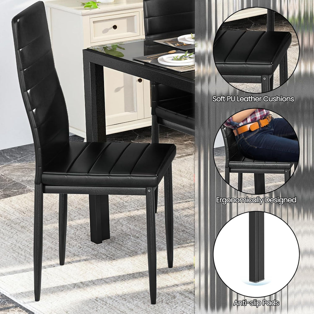 LinkRomat 7-Piece Glass Dining Table Set for 6, Modern Kitchen Table with PU Leather Chairs, Black Dining Room Table and Chairs Set for Small Space, Apartment